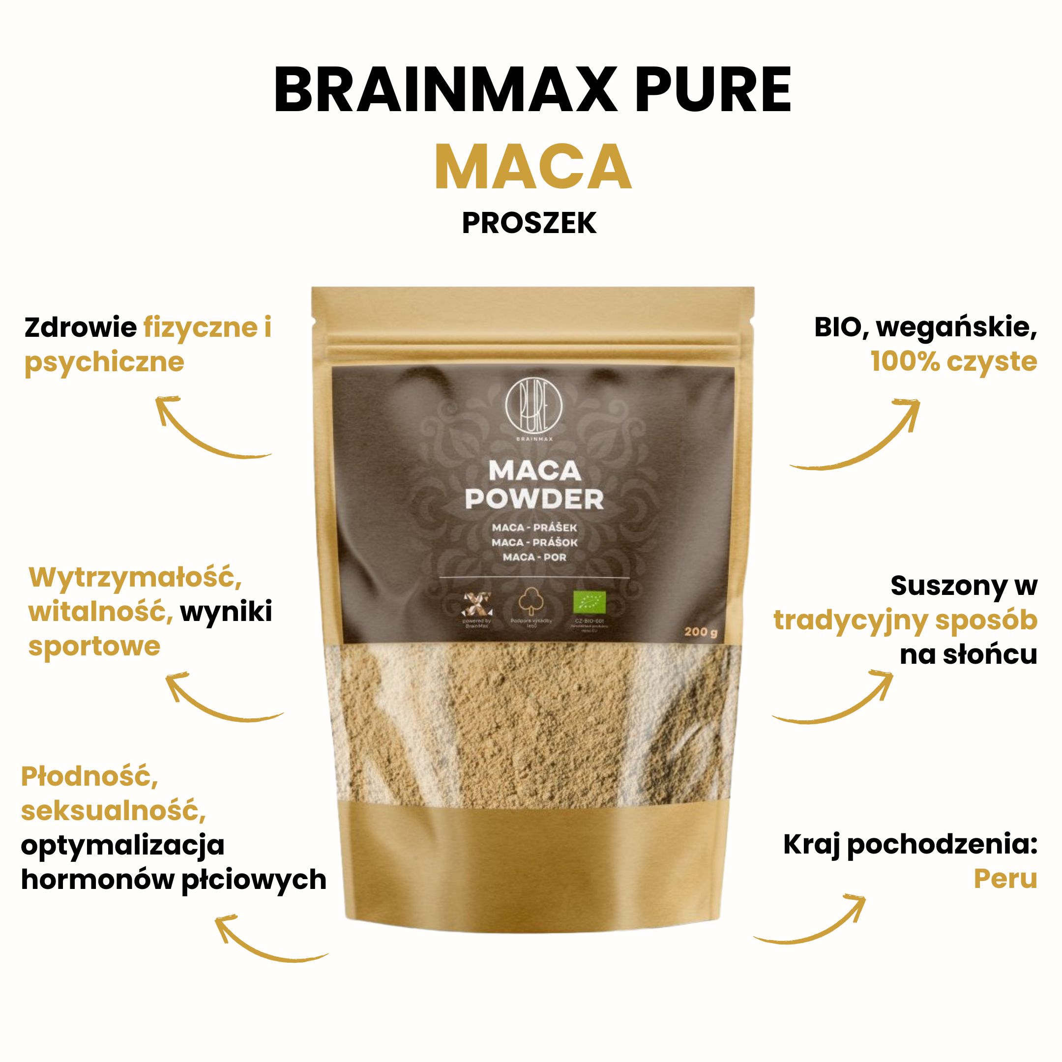 BrainMax Pure Maca BIO prášek, 200 g Obrázek