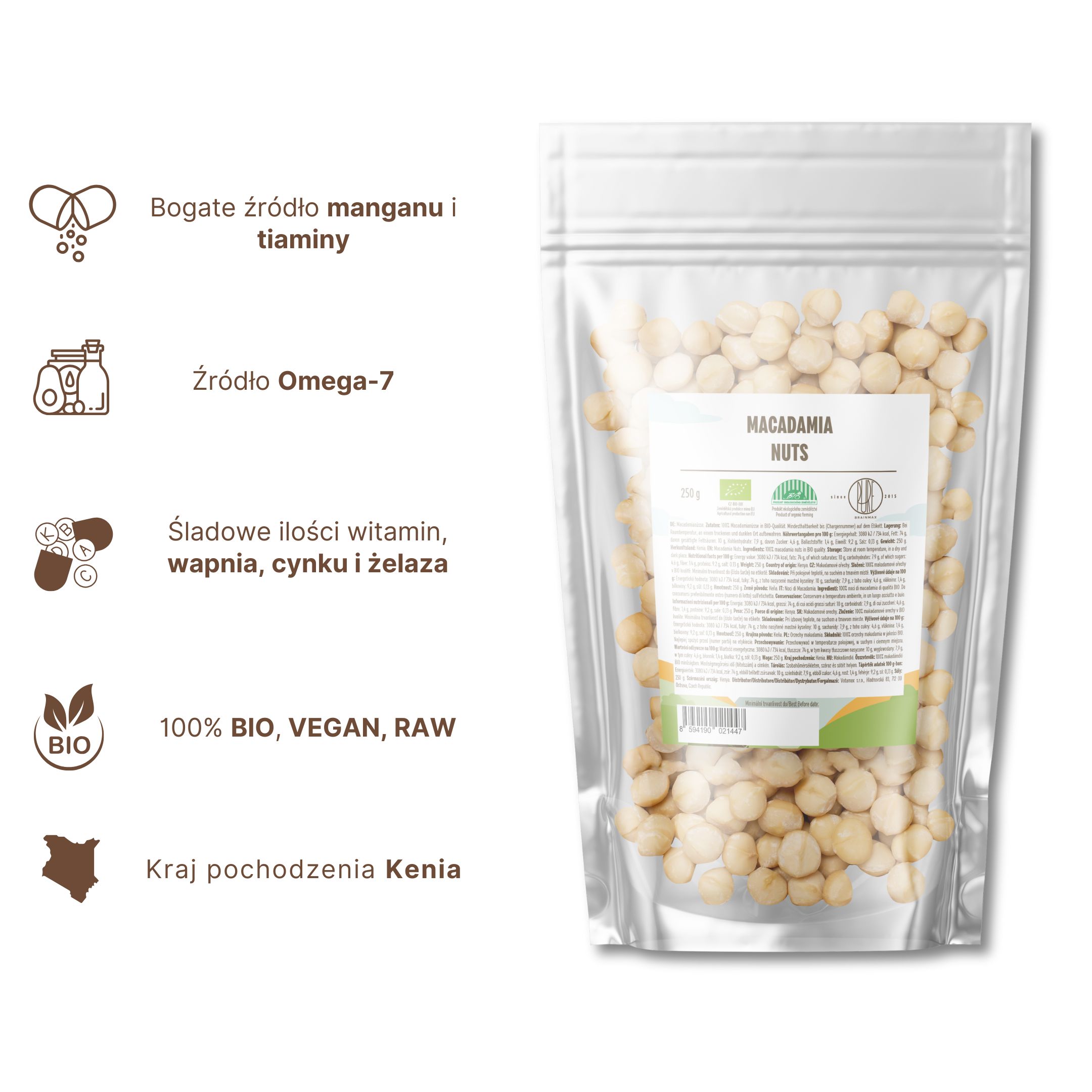 BrainMax Pure Makadamové ořechy BIO, 250 g
