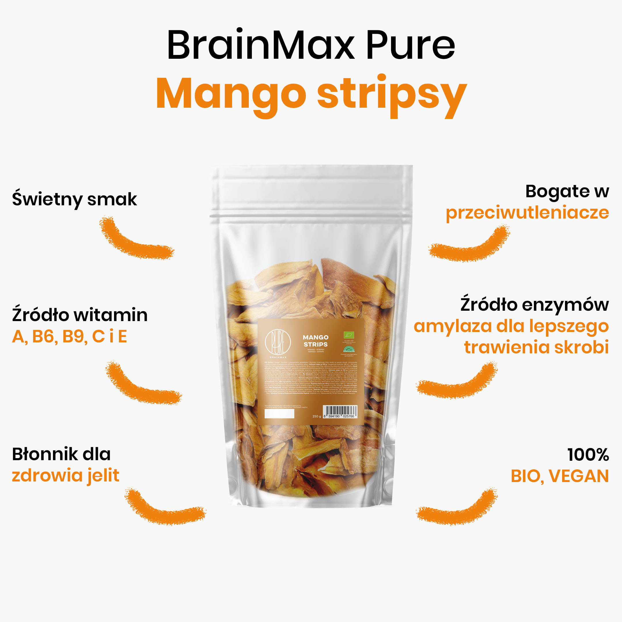 BrainMax Pure Mango, BIO, stripsy 250 g Obrázek