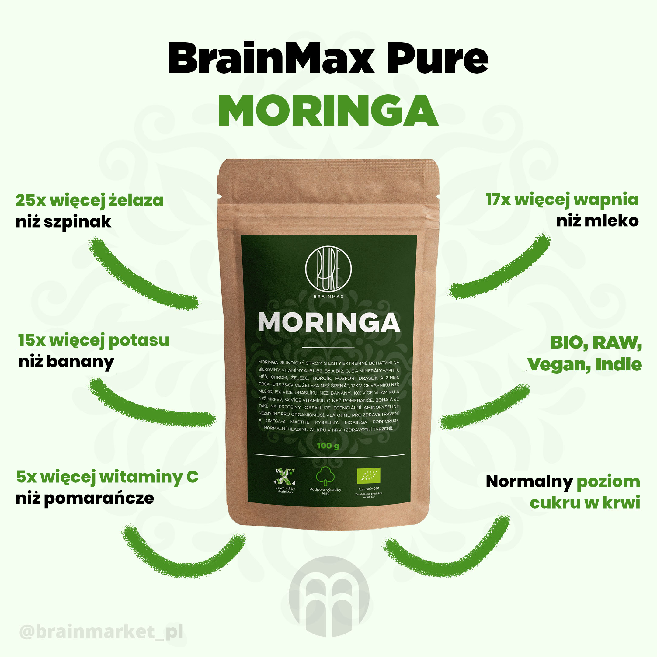 BrainMax Pure Moringa BIO prášek, 100 g Obrázek