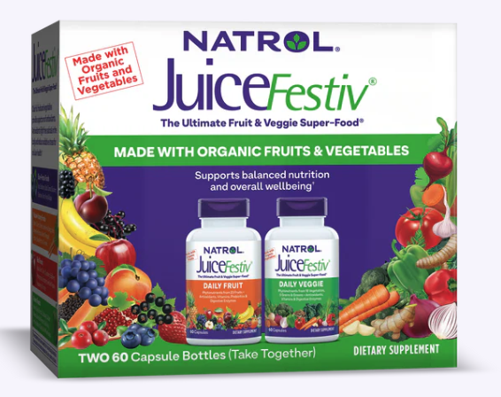 Natrol JuiceFestiv® Daily Fruit & Veggie Capsules, Ovoce a Zelenina, 2 x 60 kapslí Obrázek