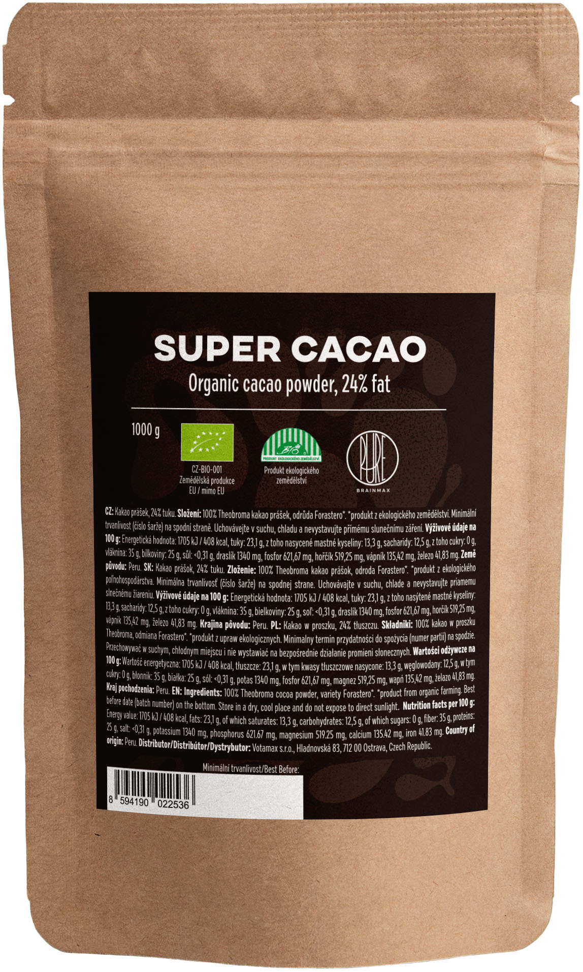 BrainMax Pure Organic 24 Super Cacao, BIO RAW kakao, 1kg