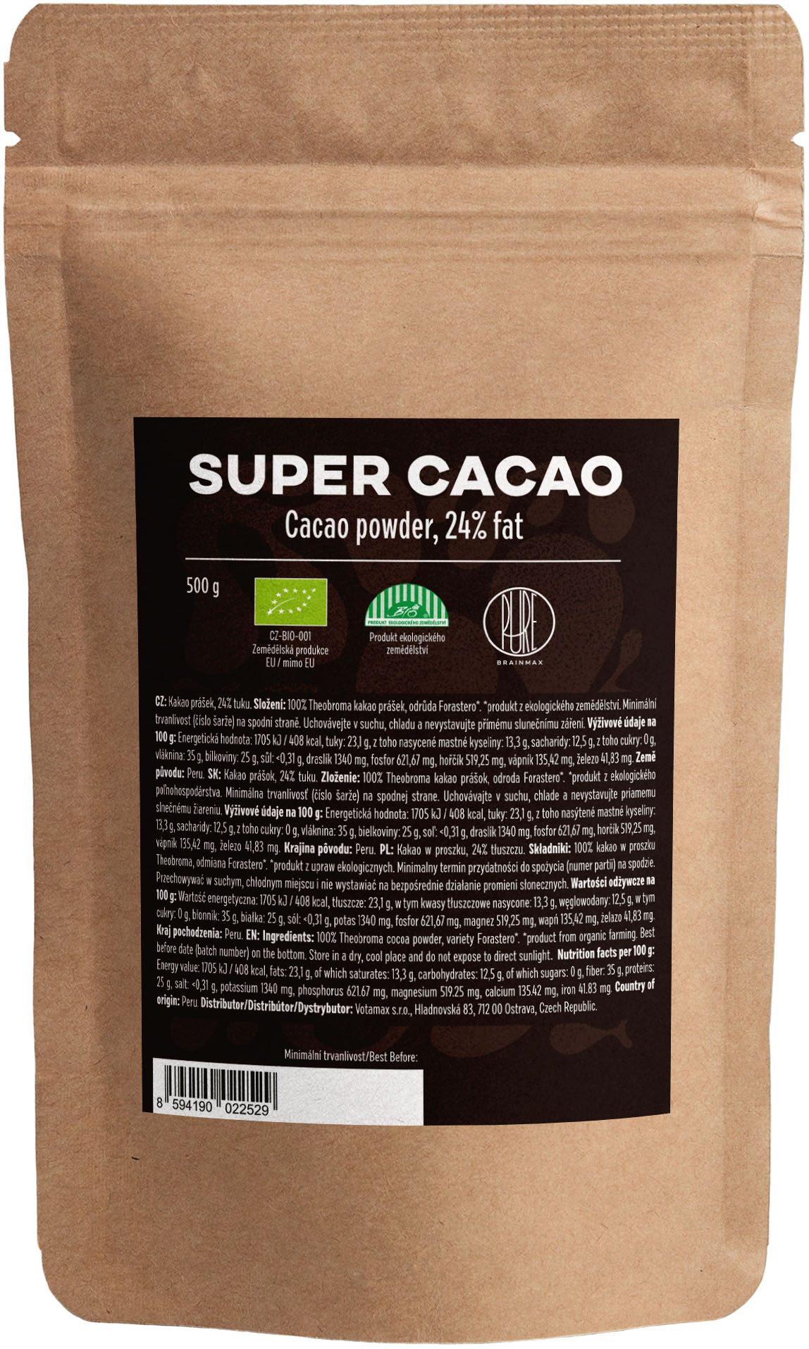 BrainMax Pure Organic 24 Super Cacao, BIO RAW kakao, 500g