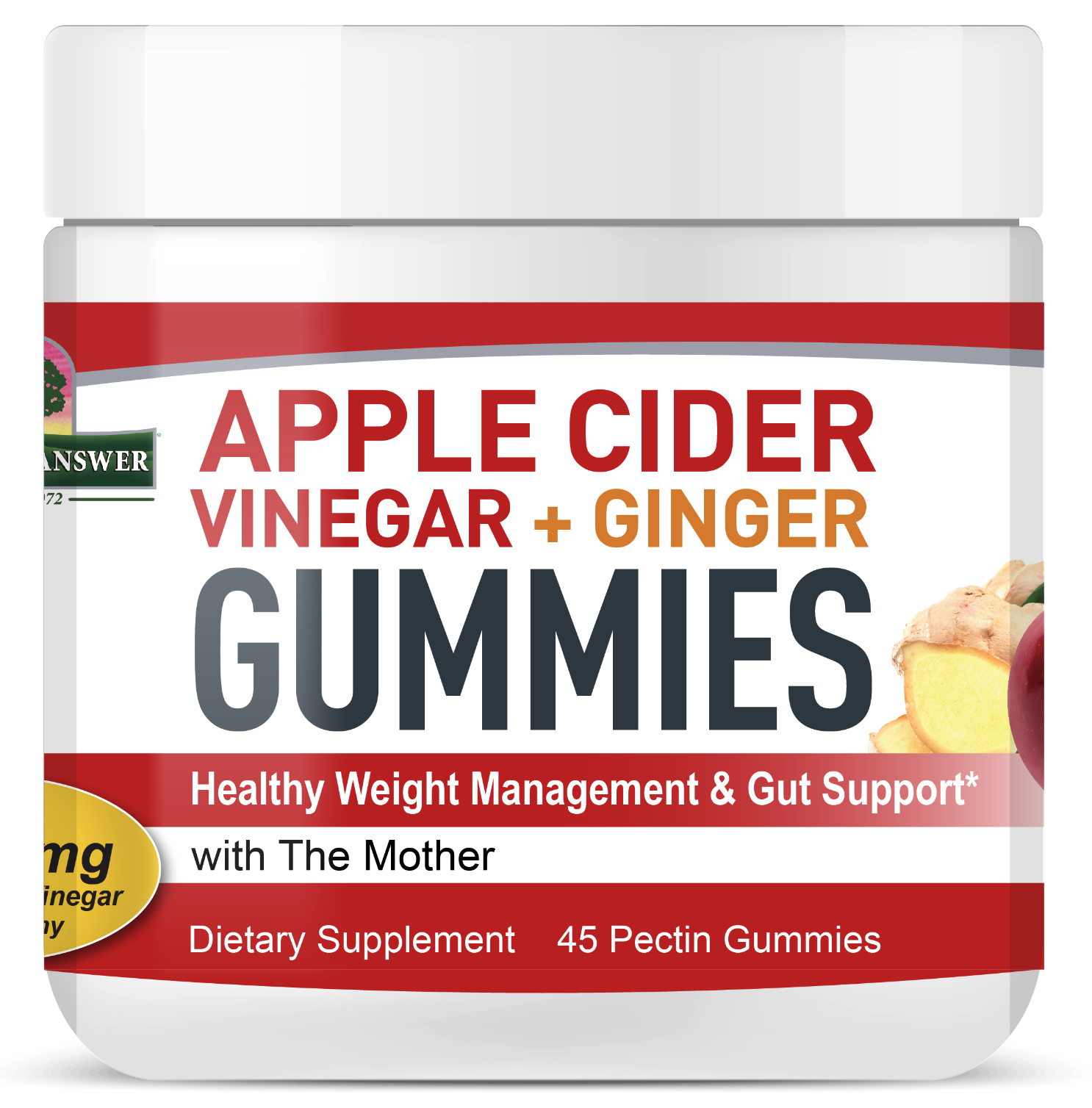 Nature's Answer Apple Cider Vinegar + Ginger Gummies, jablečný ocet se zázvorem, 45 gumových bonbónů Obrázek