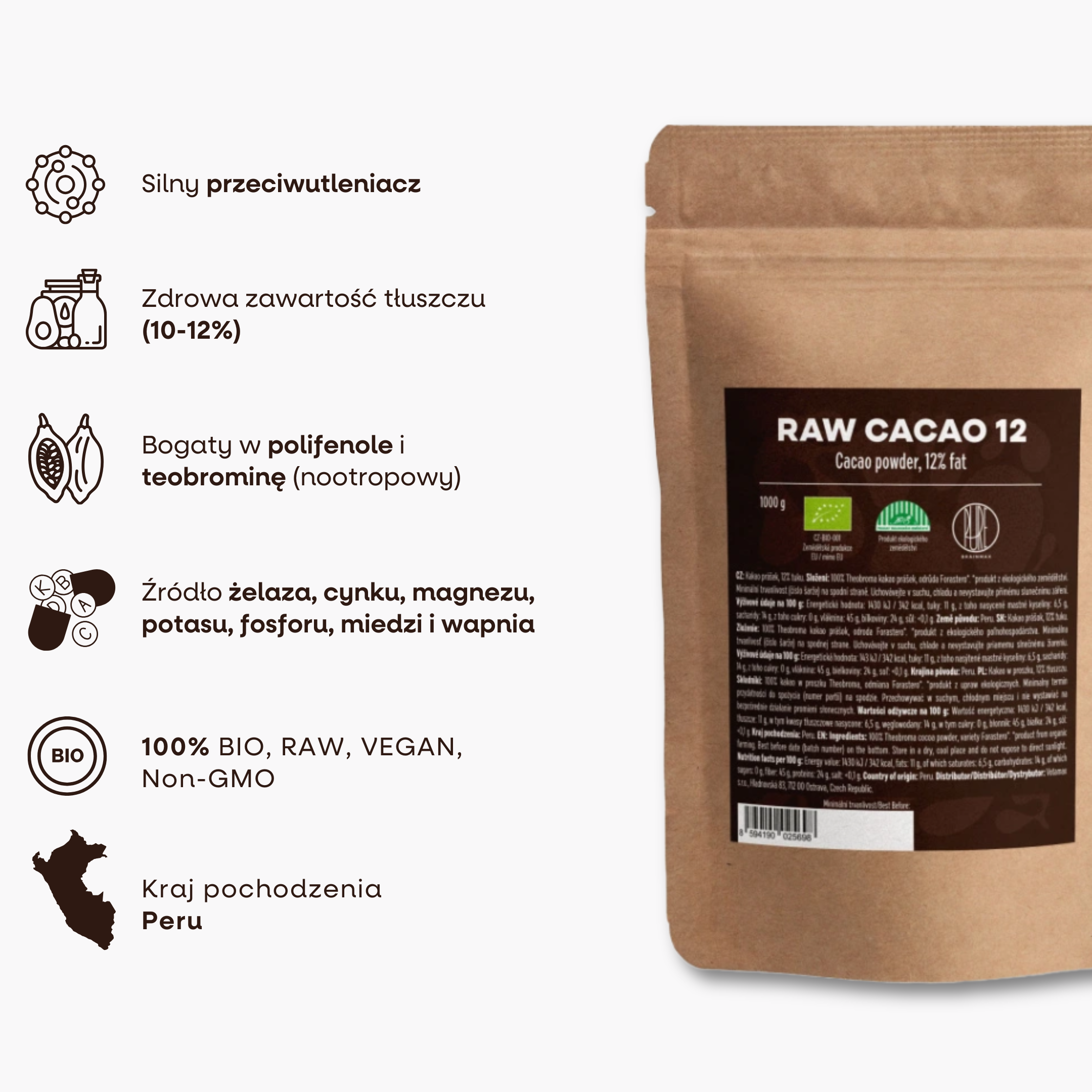 BrainMax Pure Raw Cacao 12, BIO, 1kg Obrázek