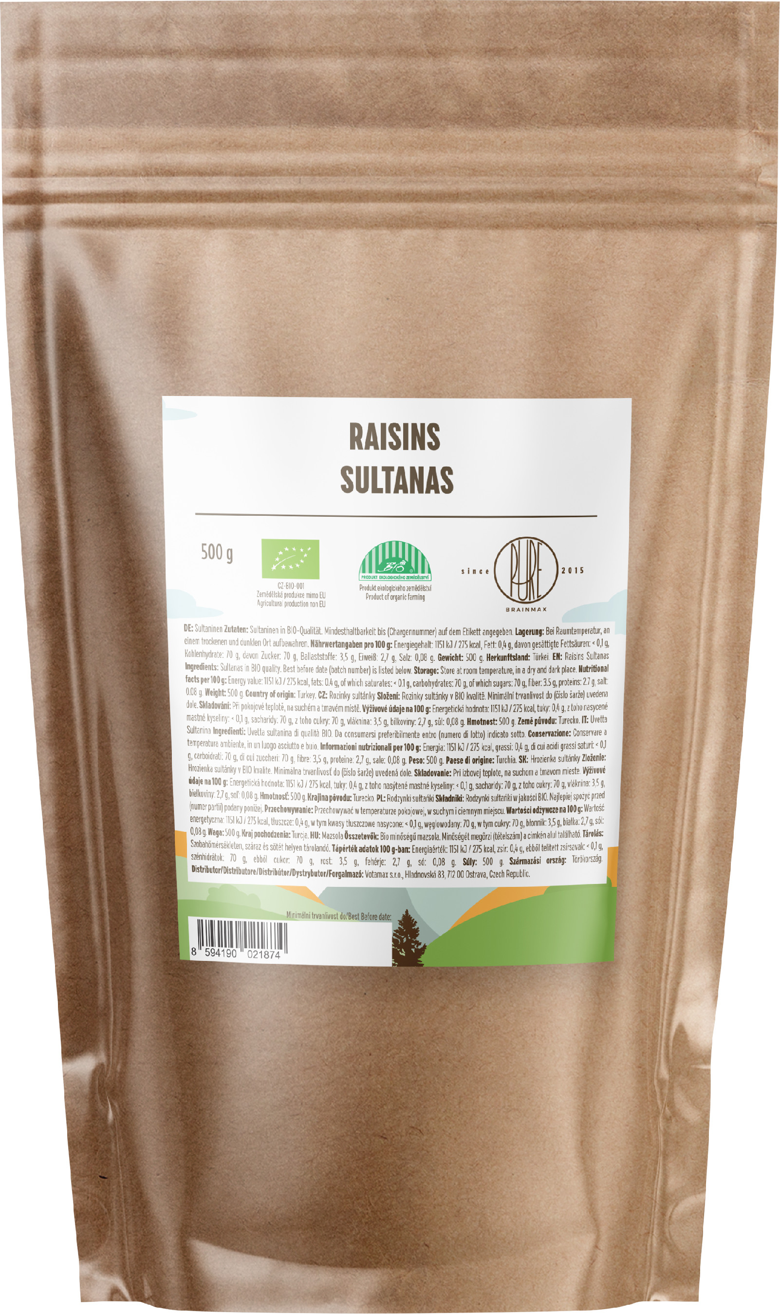 BrainMax Pure Rozinky Sultánky sušené BIO, 500g