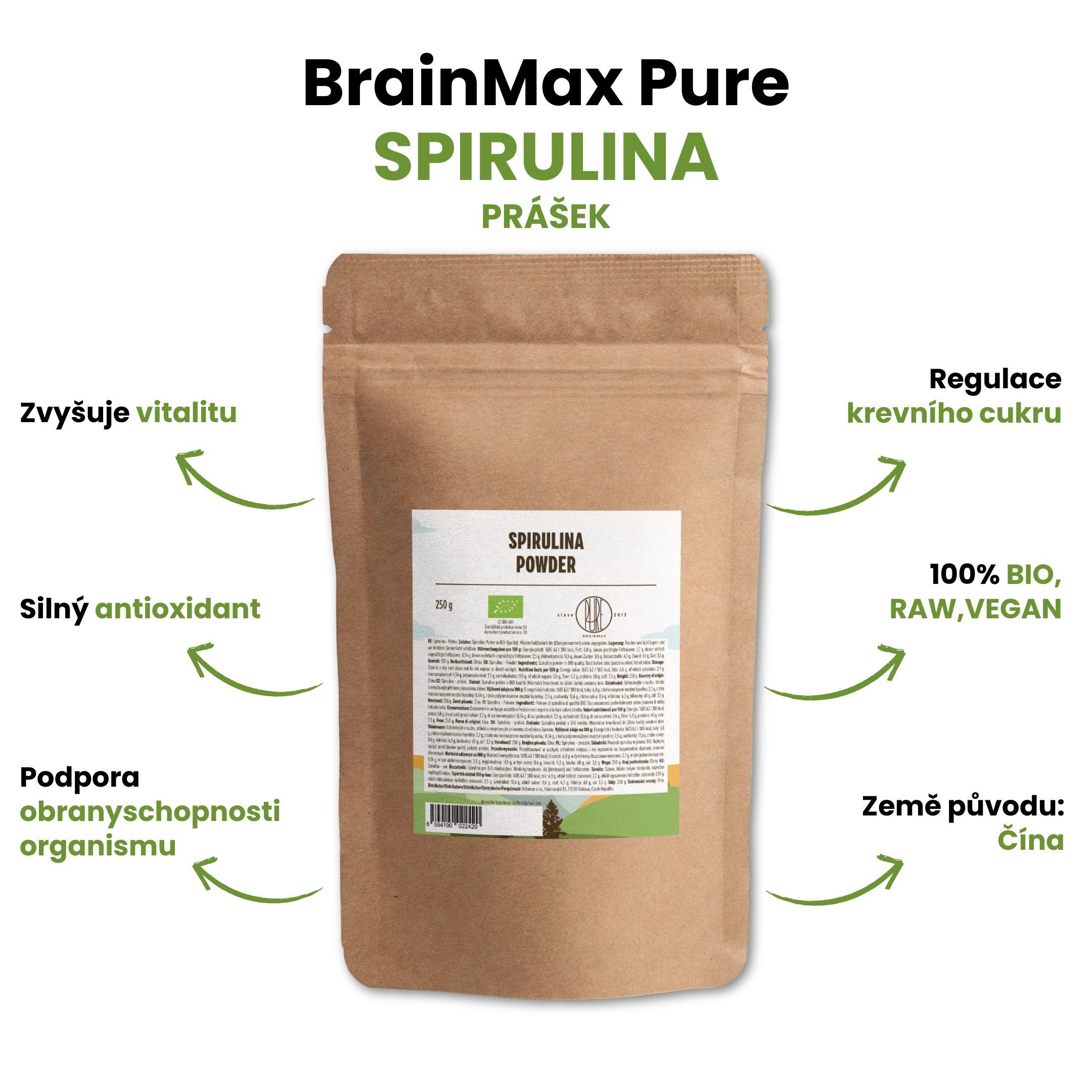 BrainMax Pure Spirulina BIO prášek, 250 g Obrázek