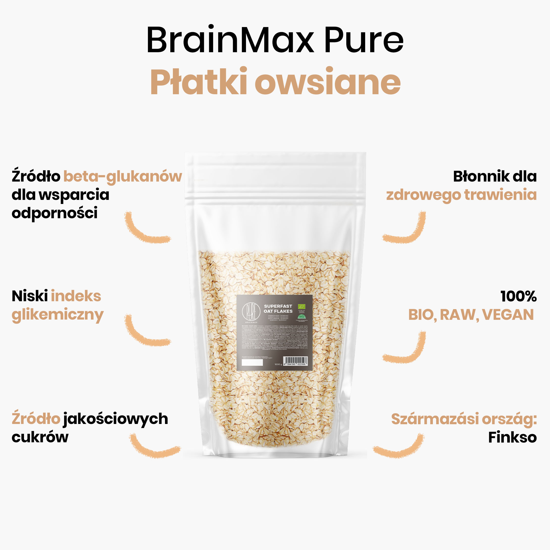 BrainMax Pure Superfast Ovesné Vločky, bezlepkové BIO, 1 kg Obrázek