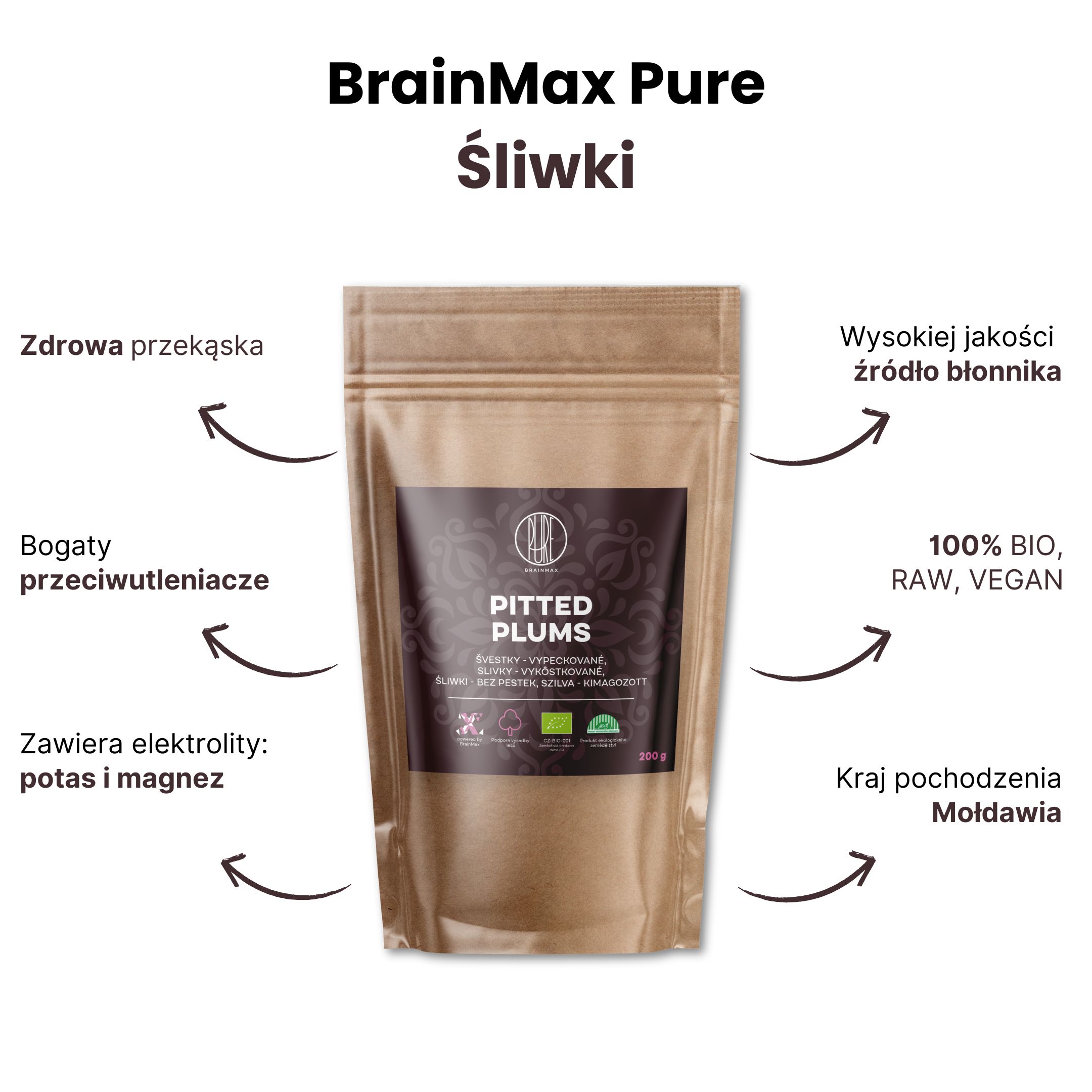 BrainMax Pure Švestky sušené vypeckované BIO, 200 g