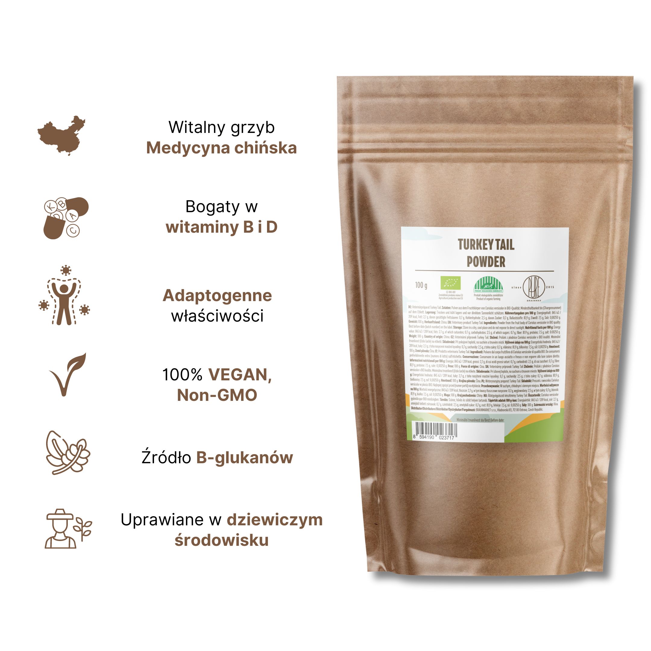 BrainMax Pure Turkey Tail (Coriolus) prášek, BIO, 100g