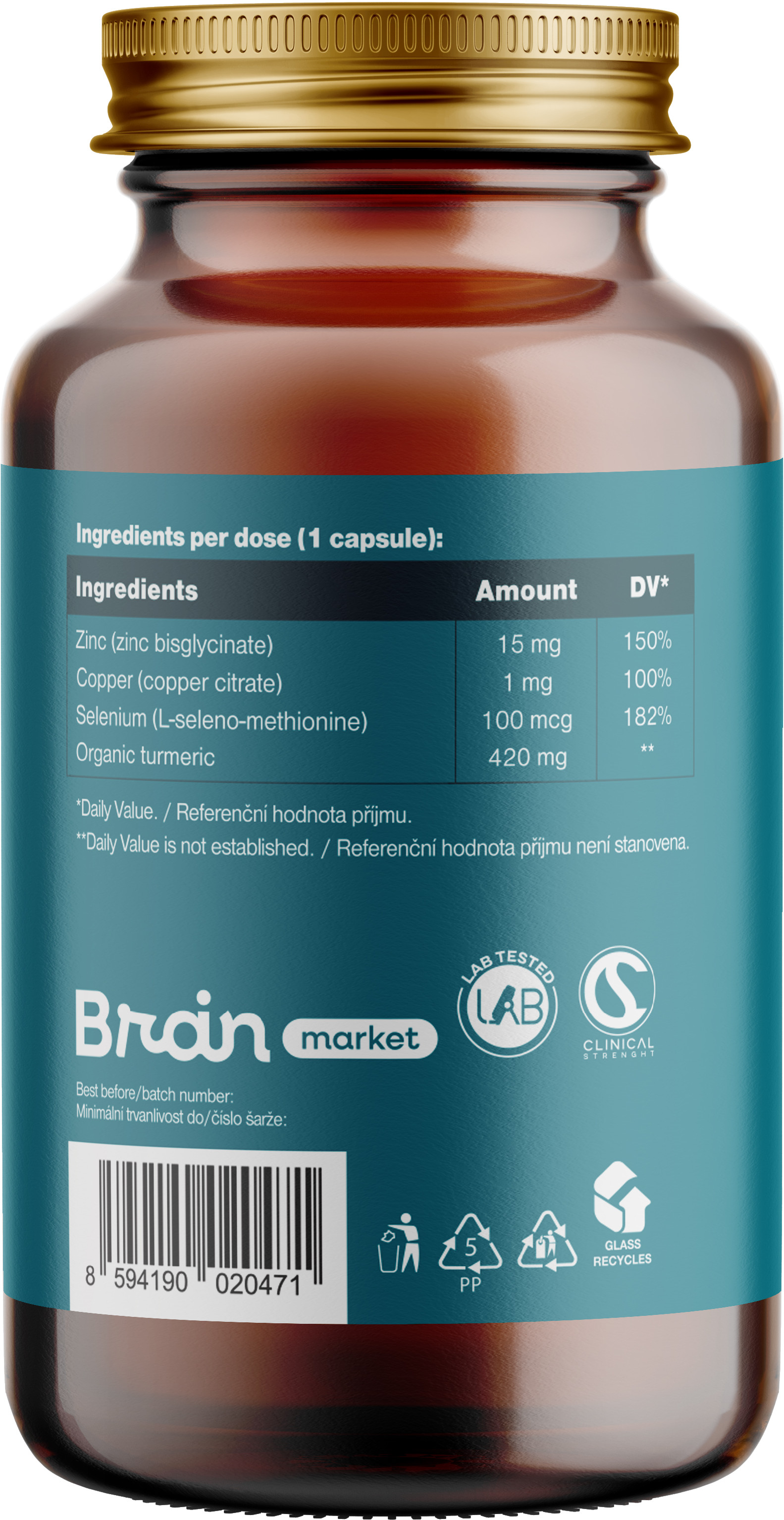 BrainMax Zinc Complex, Zinek, Selen, Měď a Kurkuma, 100 rostlinných kapslí Obrázek
