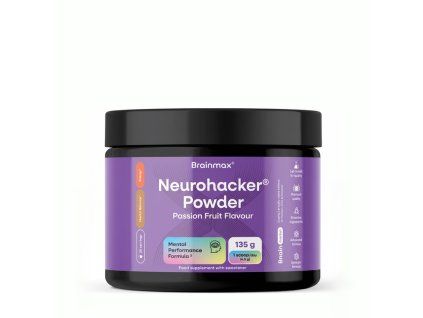 BrainMax Neurohacker® Powder, Passion Fruit, 135 g  L-tirozină și citicolină cu cofeină din trei plante, aromă de fructul pasiunii, 30 de porții, supliment alimentar