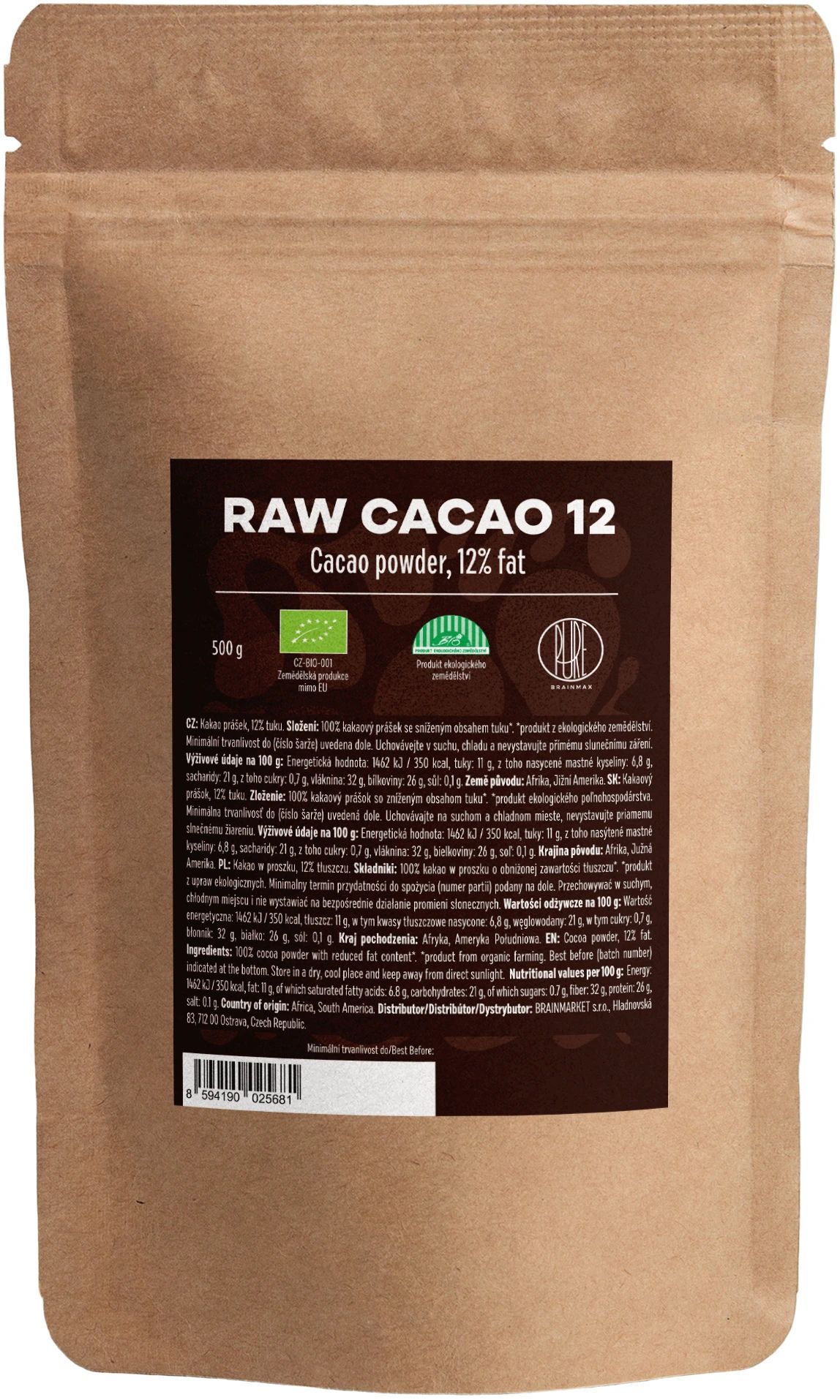 BrainMax Pure® Raw Cacao 12, BIO, 500 g