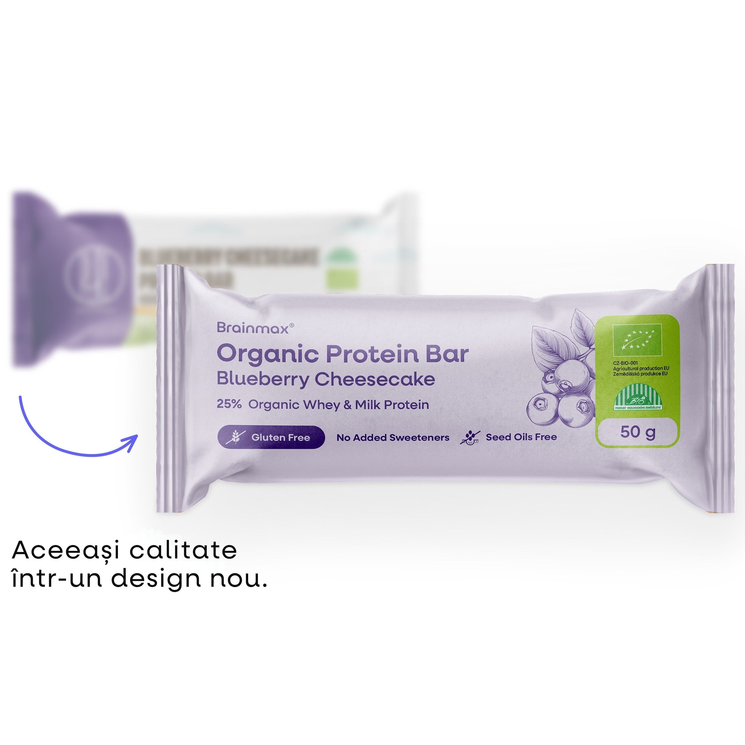 BrainMax Pure® Blueberry Cheesecake Protein Bar, Baton proteic, Cheesecake cu afine, BIO, 60 g
