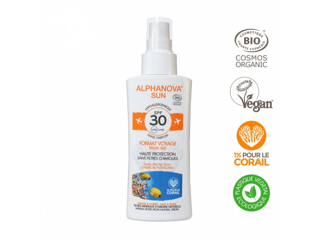 Spray de protecție solară de călătorie Alphanova SPF 30, 90 g BIO