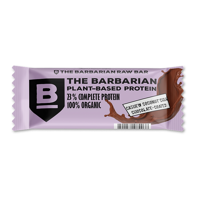 The Barbarian Protein Bar, nucă de cocos și chia, acoperită cu ciocolată organică, 68 g