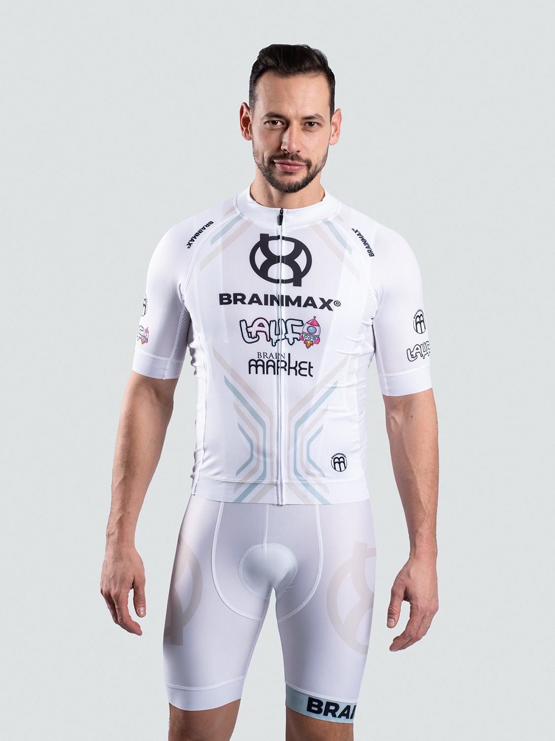 LAUF set ciclism unisex, tricou alb și pantaloni scurți albi cu bretele Dimensiune: L