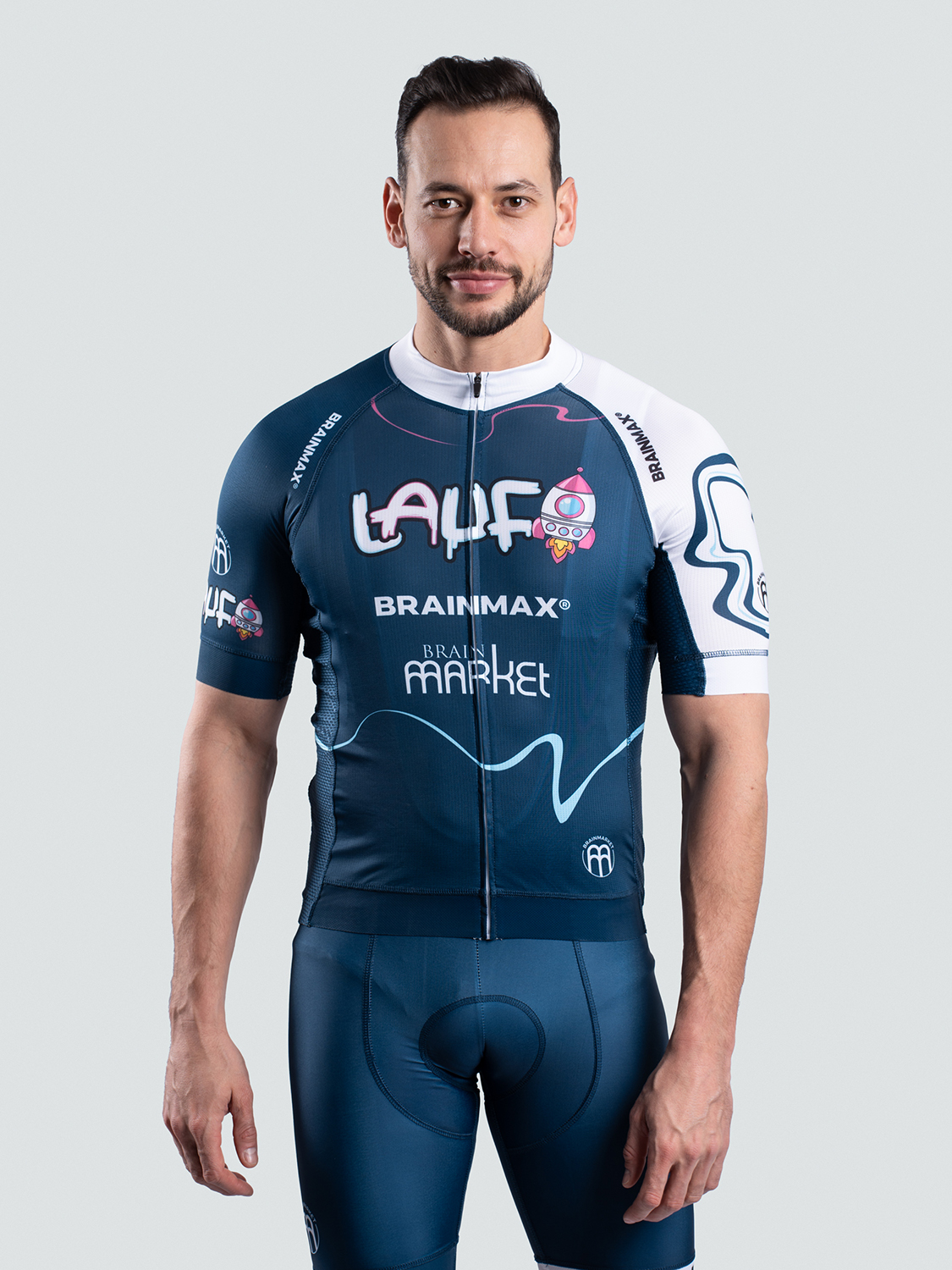 LAUF set ciclism unisex, tricou albastru și pantaloni scurți albaștri cu bretele Dimensiune: M