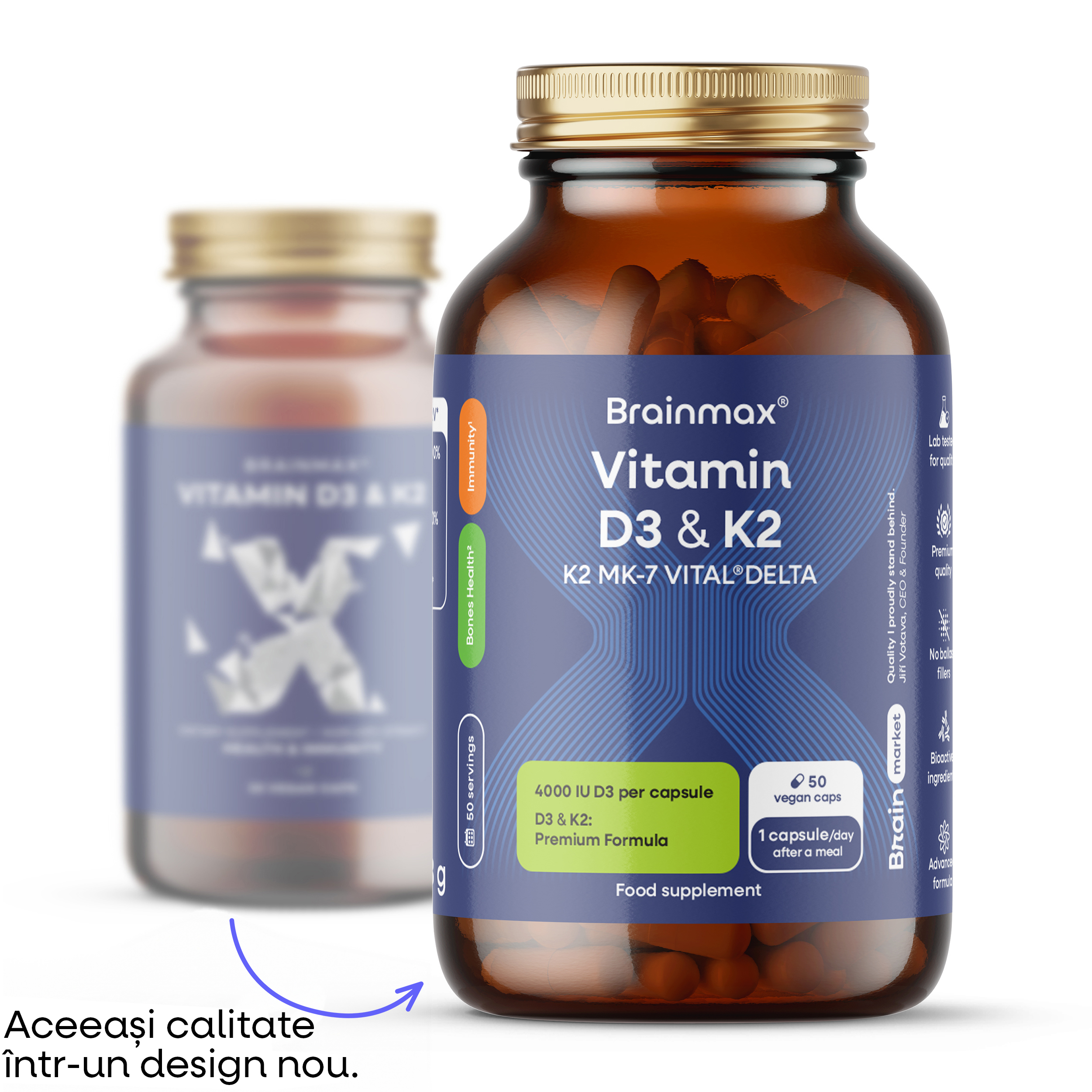 BrainMax Vitamina D3 & K2, D3 5000 UI / K2 ca MK7 all-trans K2VITAL®DELTA 150 mcg, 50 capsule vegetale