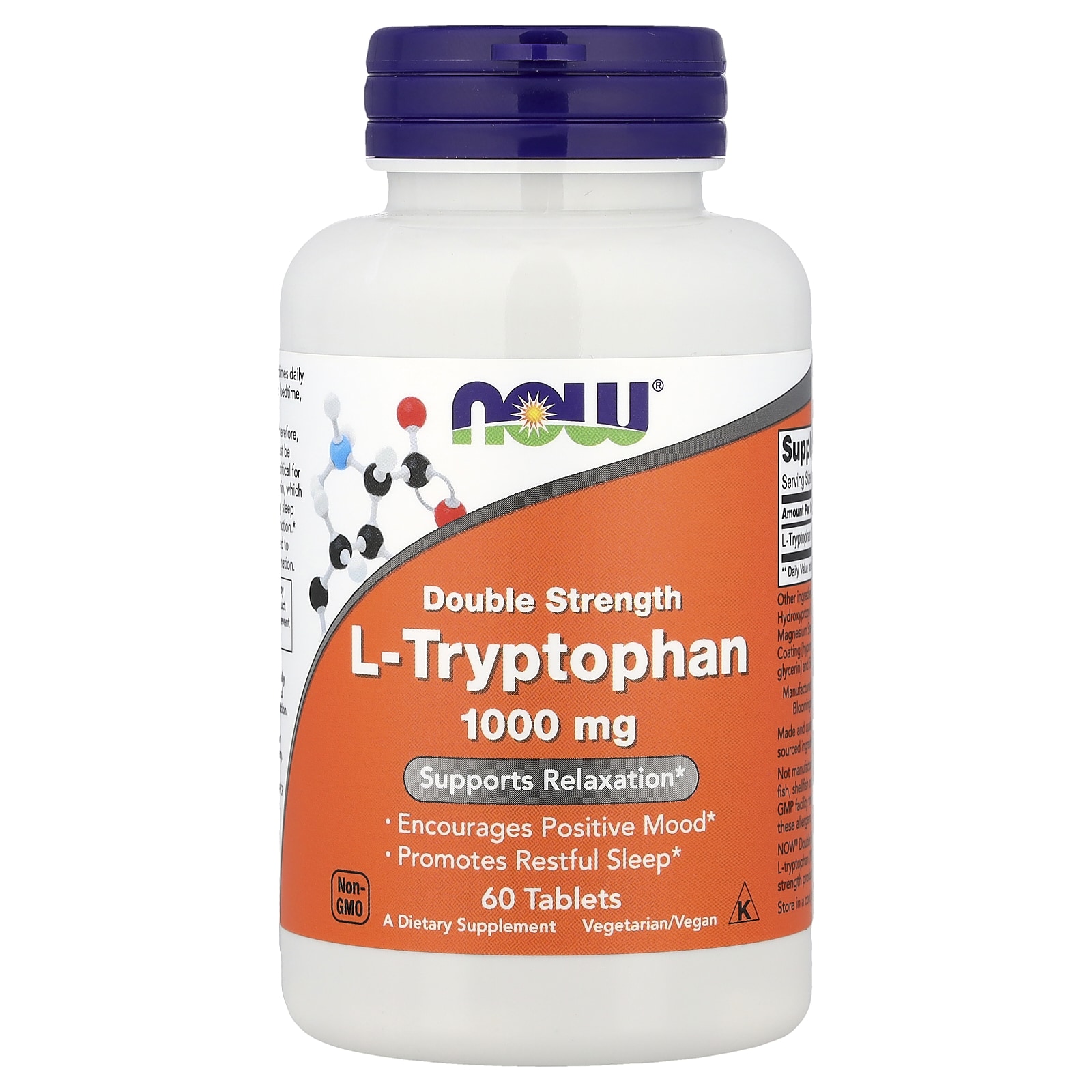 Now® Foods NOW L-Triptofan, 1000 mg concentrație dublă, 60 de comprimate