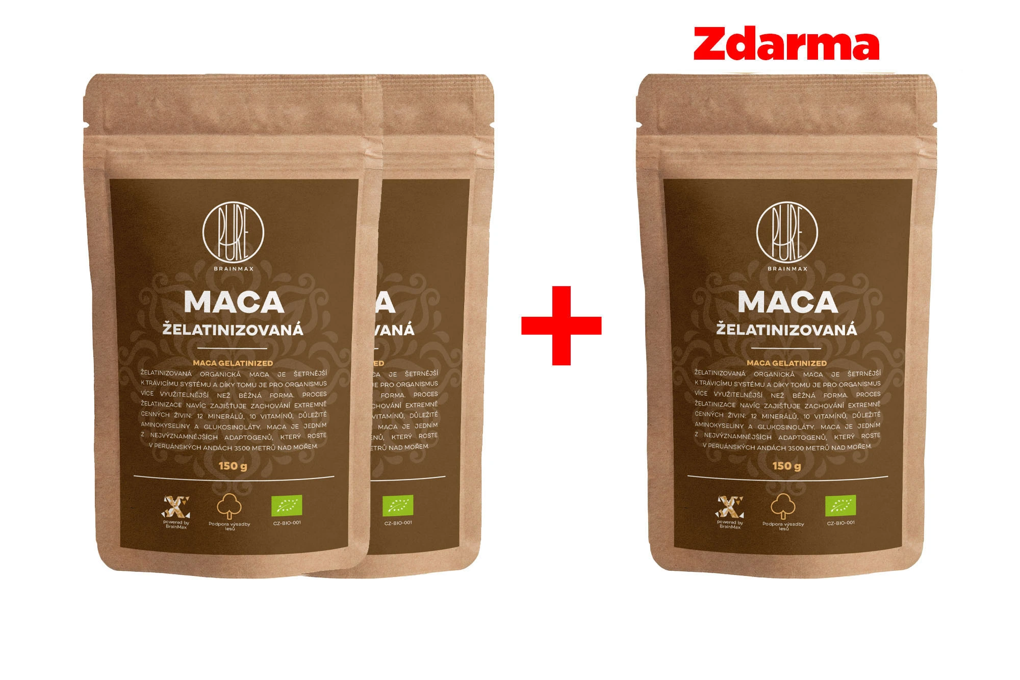 BrainMax Pure® Maca pudră BIO gelatinizată, 150 g, 2+1 GRATUIT