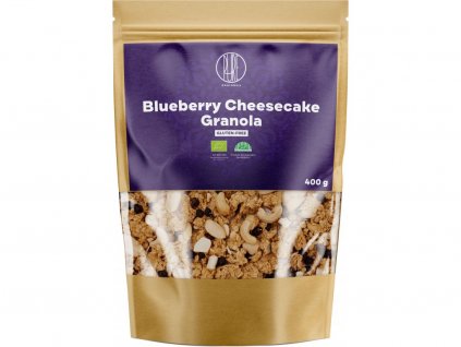 BrainMax Pure Blueberry Cheesecake Granola, Čučoriedky a Biela čokoláda, BIO, 400 g  Zapečené müsli s bielou čokoládou a čučoriedkami / *CZ-BIO-001 certifikát