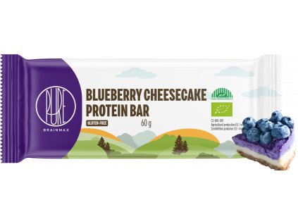 BrainMax Pure Blueberry Cheesecake Protein Bar, Proteínová tyčinka, Čučoriedkový cheesecake, BIO, 60 g  *CZ-BIO-001 certifikát / Protein Bar Blueberry Cheesecake