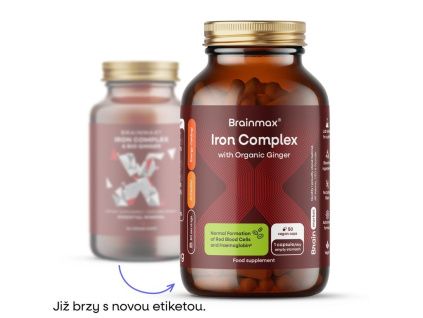 BrainMax Iron Complex®, 20 mg, 50 rastlinných kapsúl  Železo bisglycinát s vitamínom C, B9 a B12 a s BIO zázvorom, 50 dávok, výživový doplnok