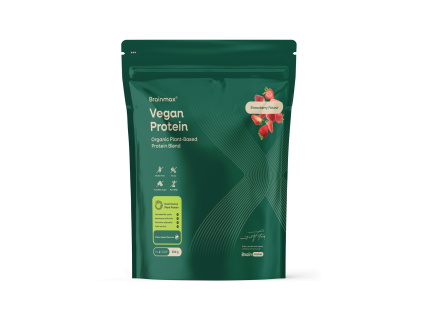 BrainMax® Vegan Protein, Strawberry, 500 g  24 g bielkovín, kompletné Amino spektrum, sladené stéviou, jahoda, 14 dávok