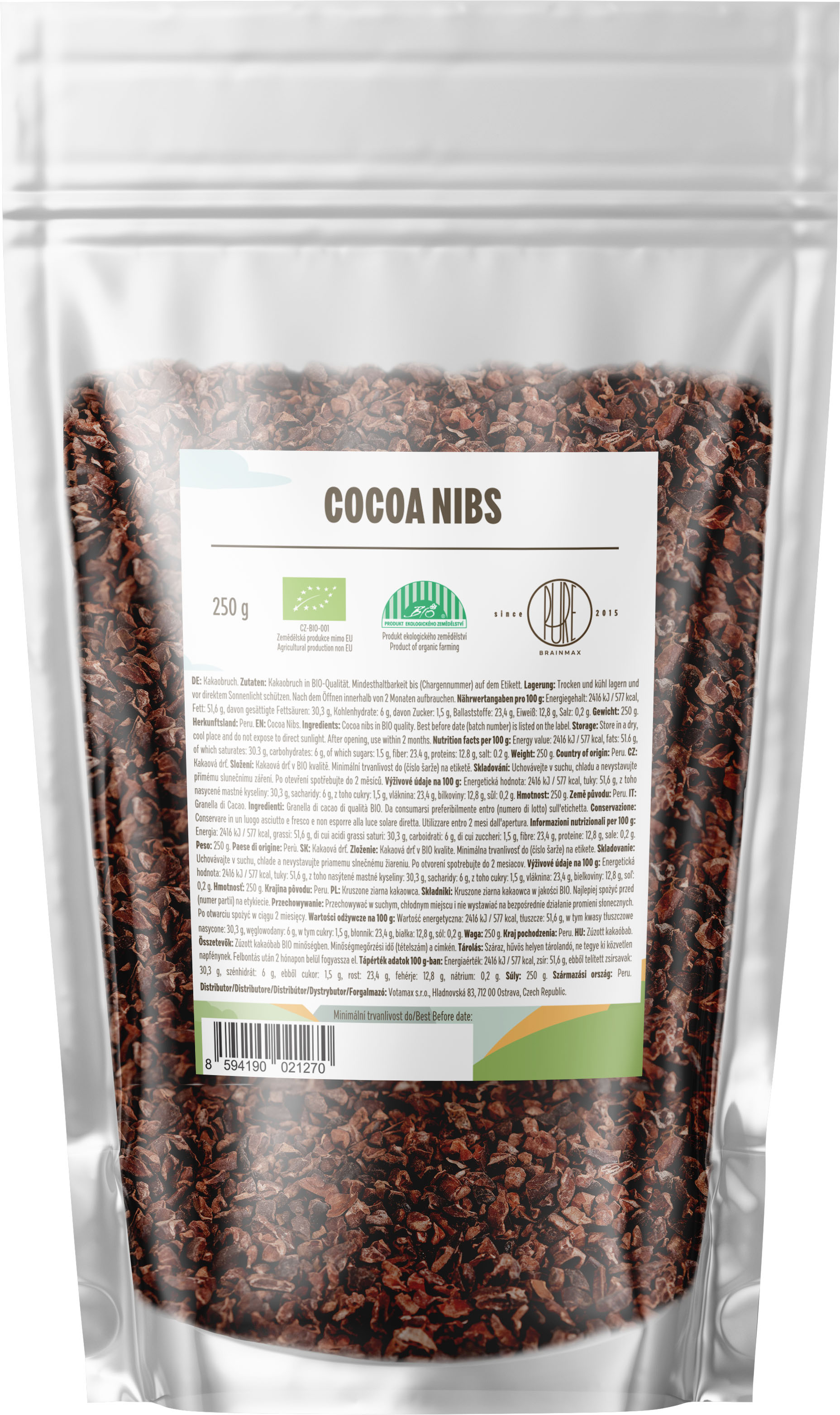 BrainMax Pure Drcené Kakaové Boby, Nepražené, RAW, BIO, 250 g Obrázek