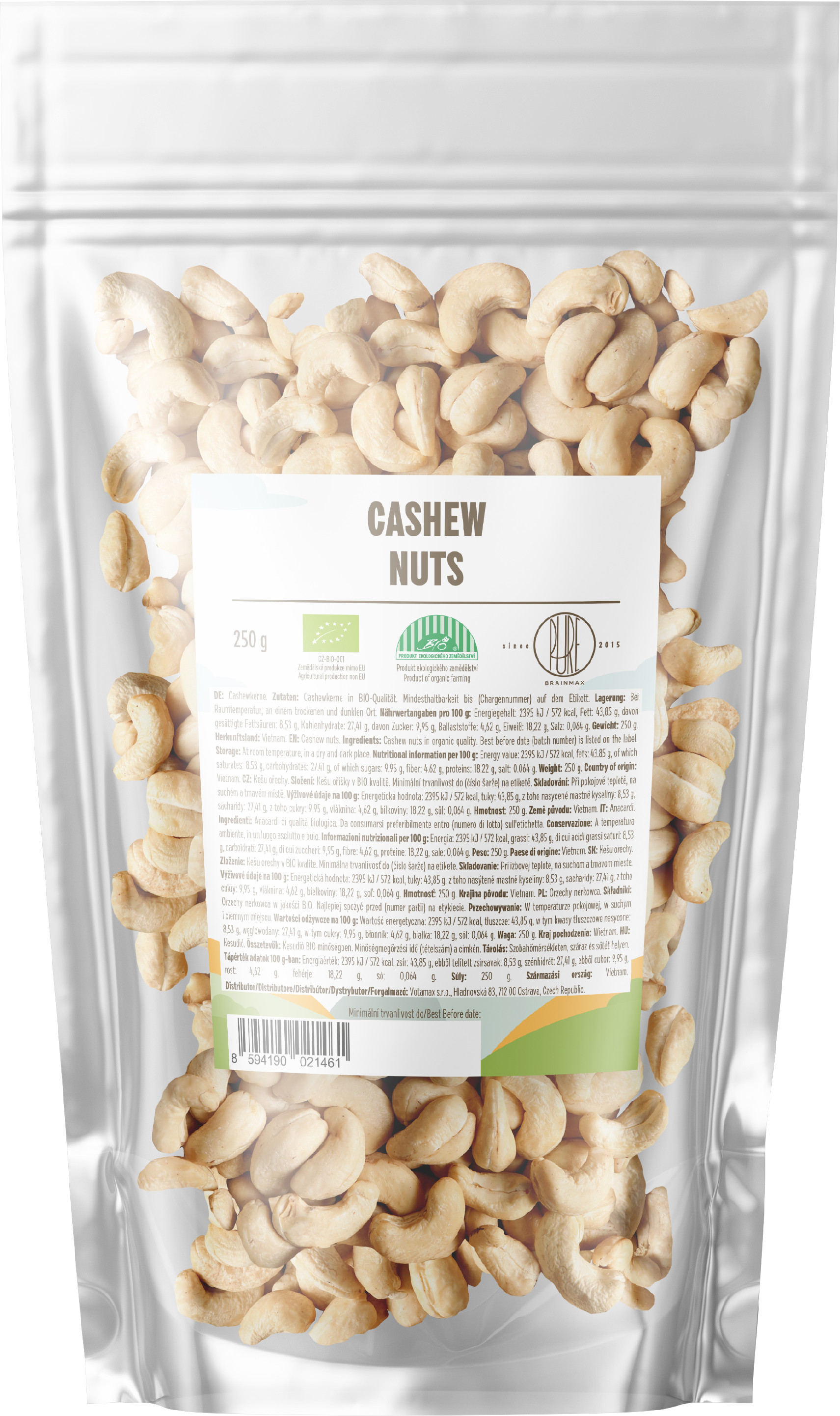 BrainMax Pure Cashew Nuts, Kešu orechy BIO, 250 g