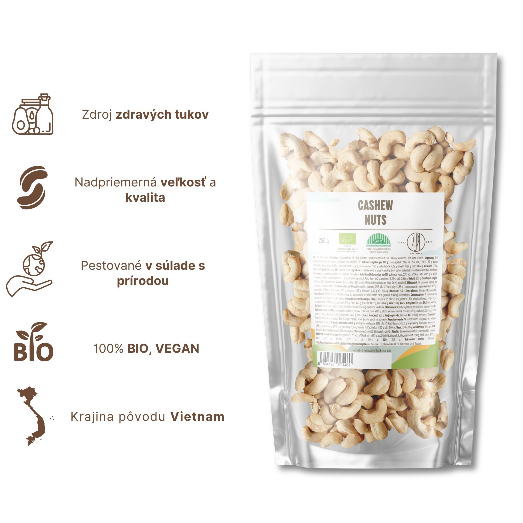 BrainMax Pure Kešu ořechy BIO, 250 g Obrázek