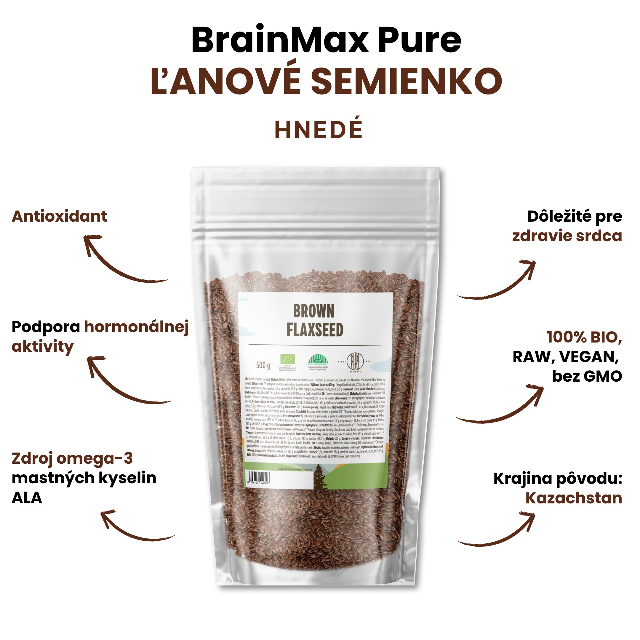 BrainMax Pure Lněné semínko (hnědé) BIO, 500 g Obrázek