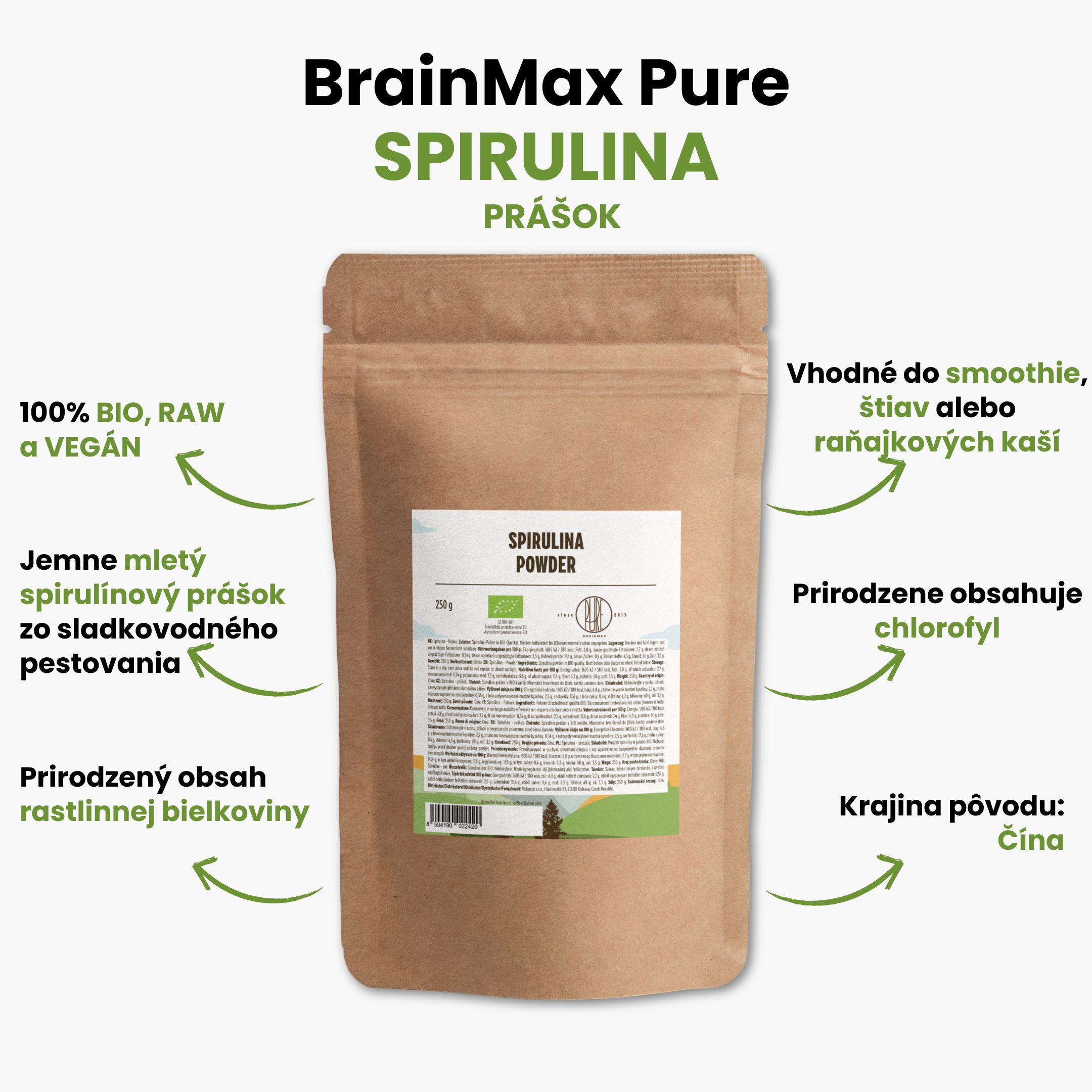 BrainMax Pure Spirulina BIO prášek, 250 g Obrázek