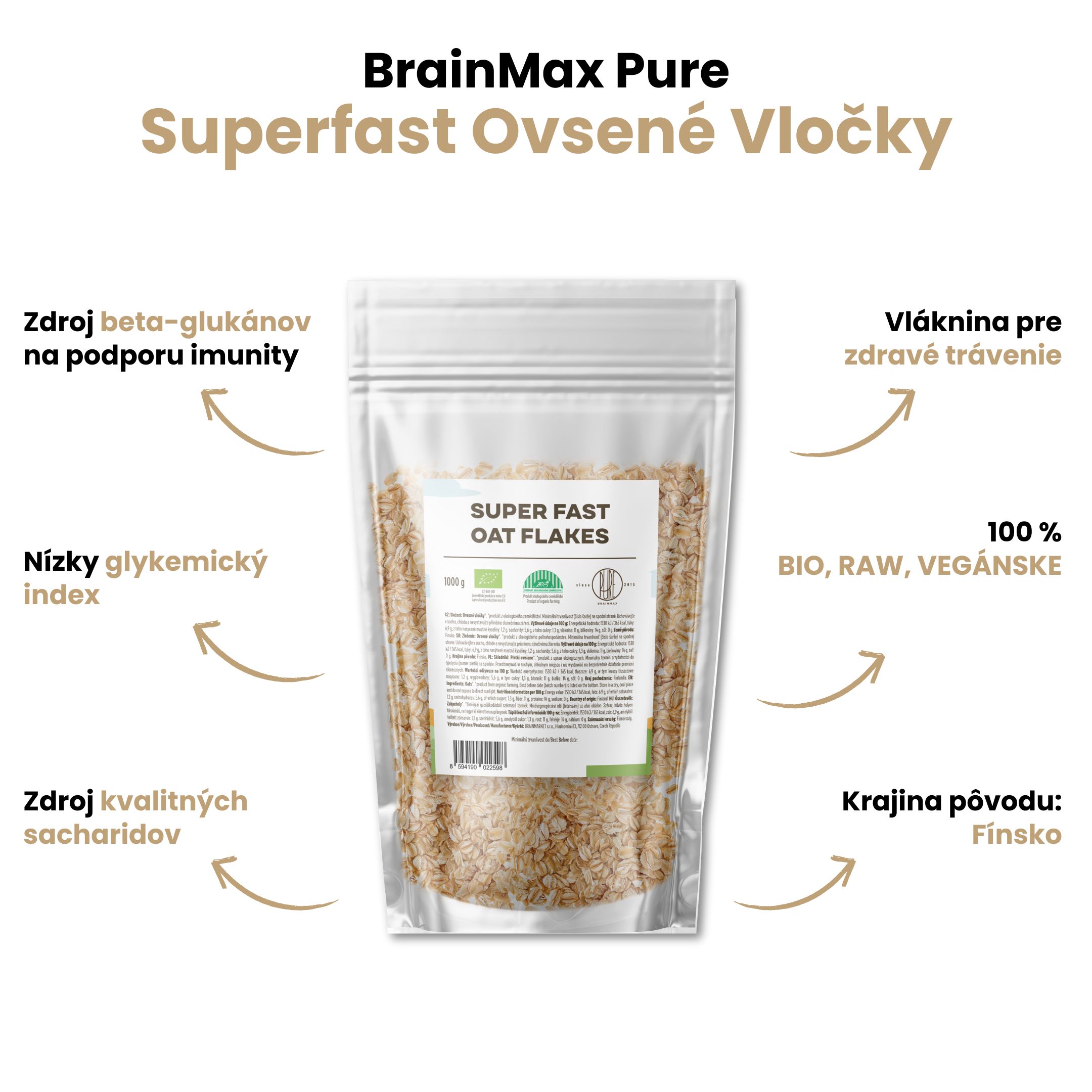 BrainMax Pure Superfast Ovesné Vločky BIO, 1kg Obrázek