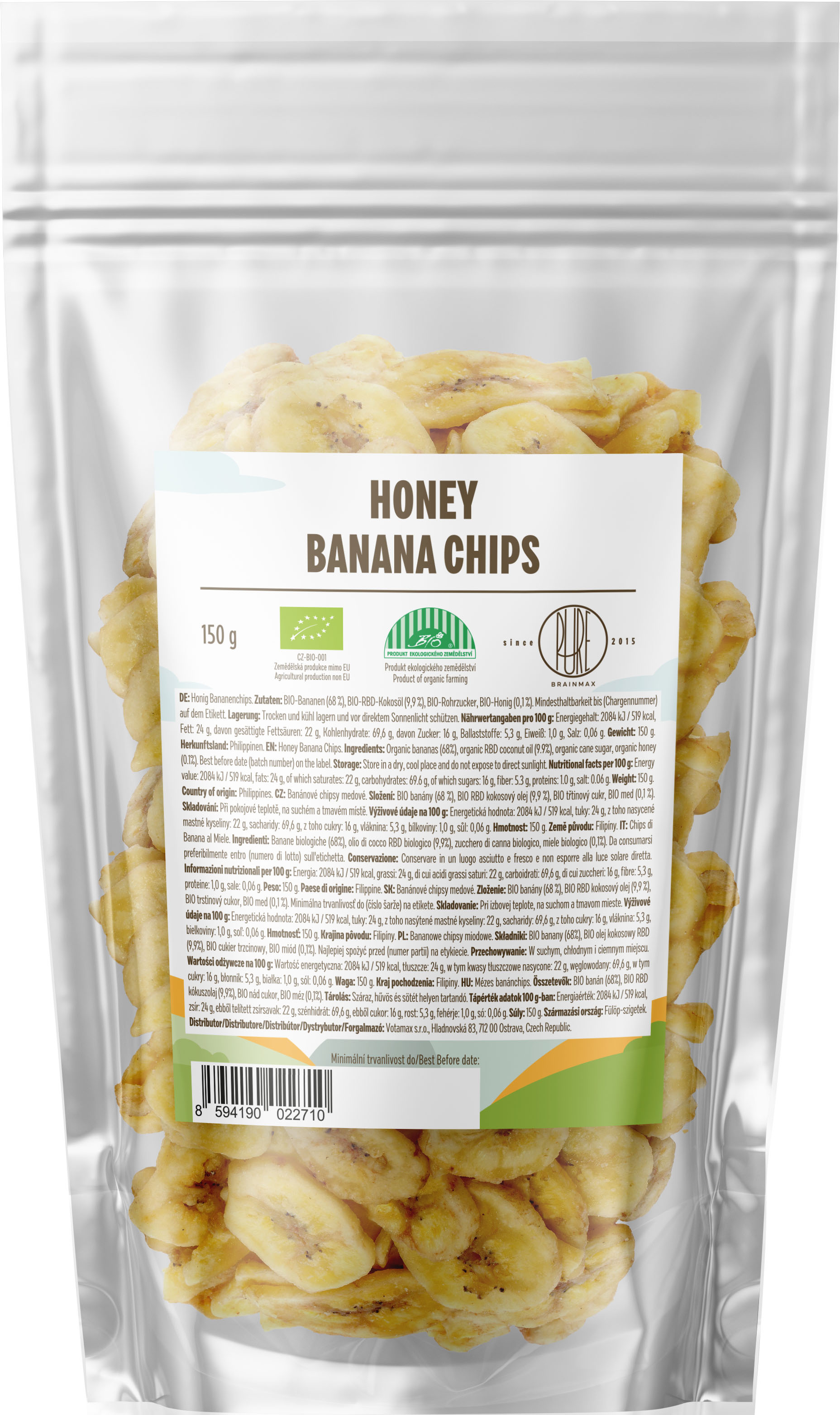 BrainMax Pure Banánové chipsy medové BIO, 150g