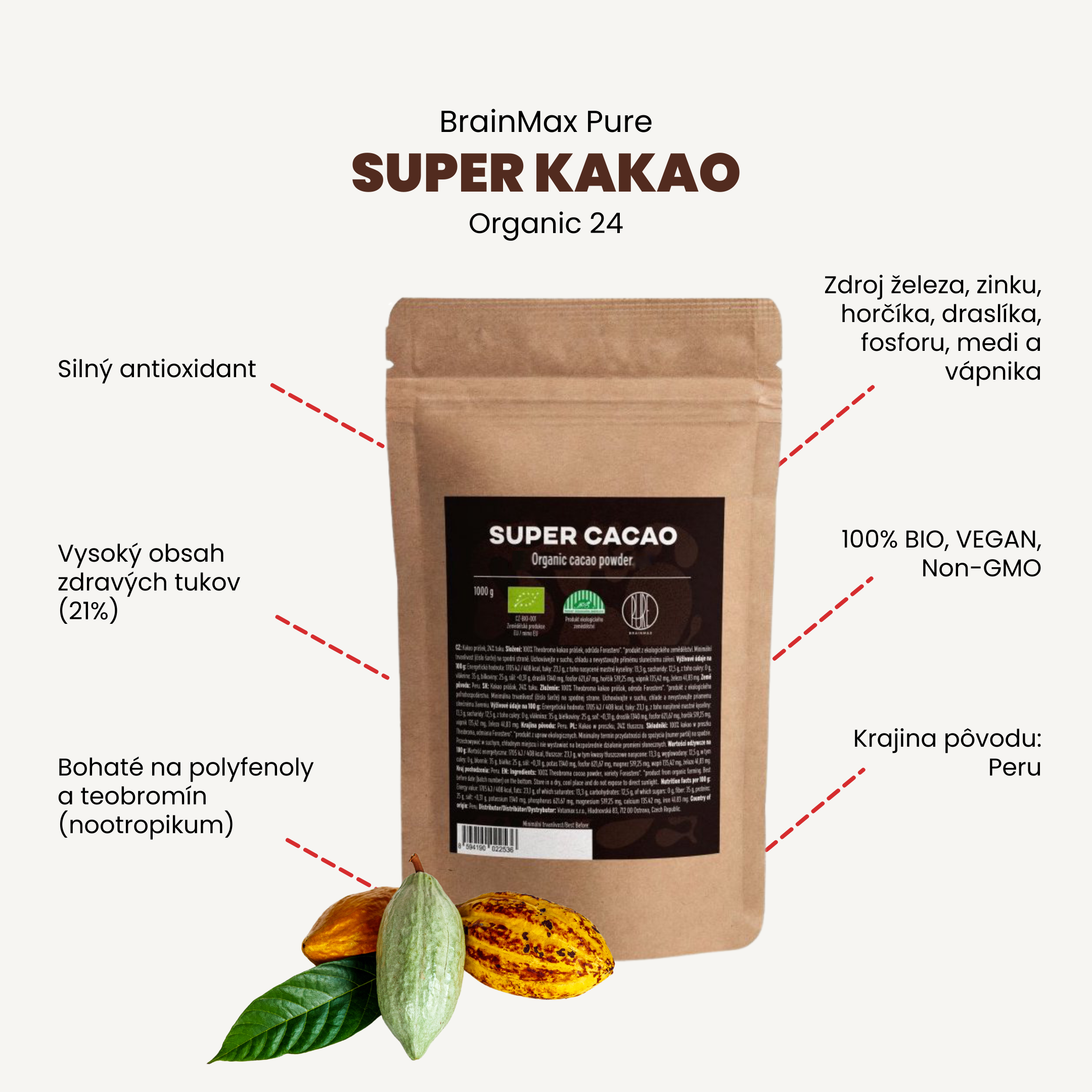 BrainMax Pure Organic 24 Super Cacao, BIO RAW kakao, 1kg Obrázek