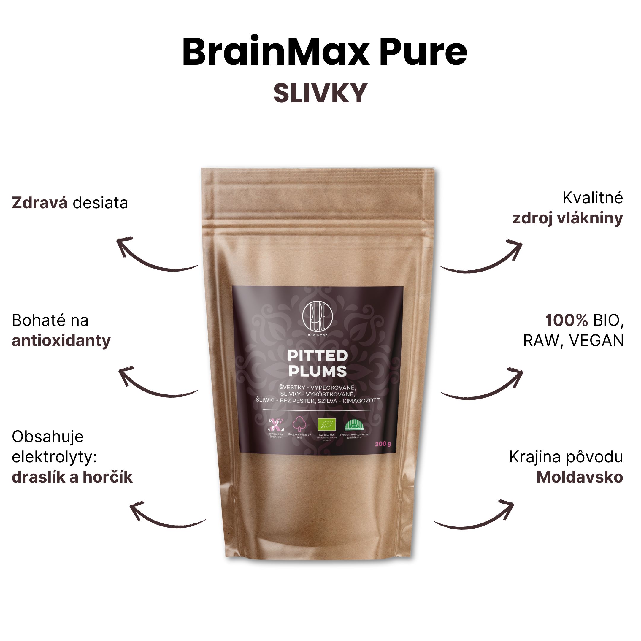 BrainMax Pure Švestky sušené vypeckované BIO, 200 g Obrázek