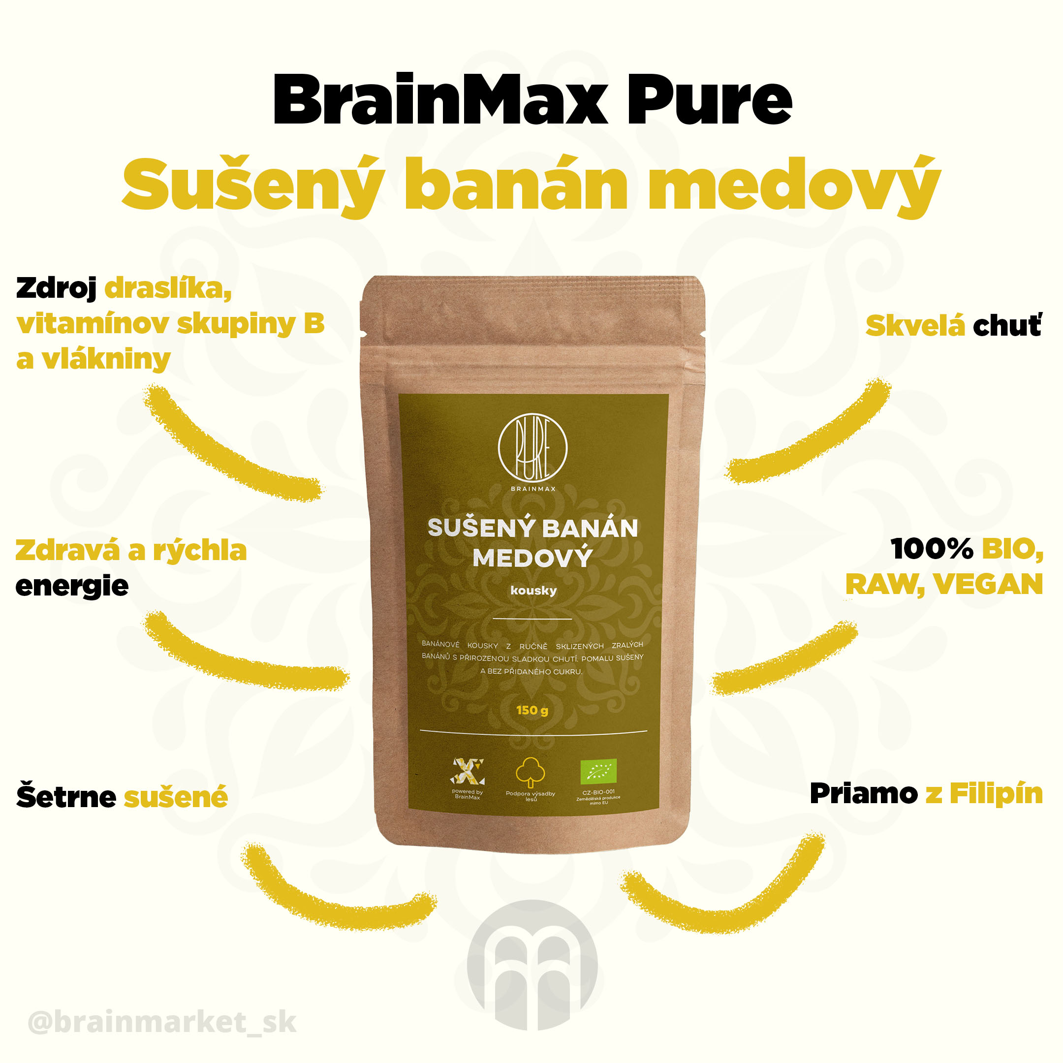 BrainMax Pure Sušený banán medový, kousky BIO, 150 g Obrázek