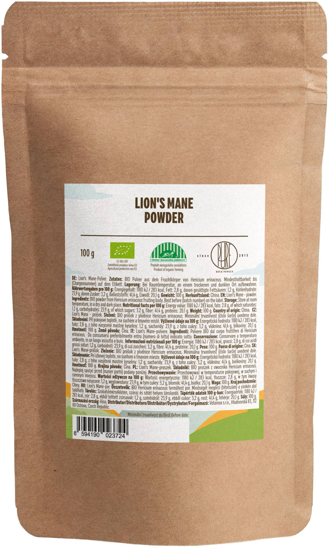 BrainMax Pure Lion's Mane (Hericium) prášok BIO, 100g