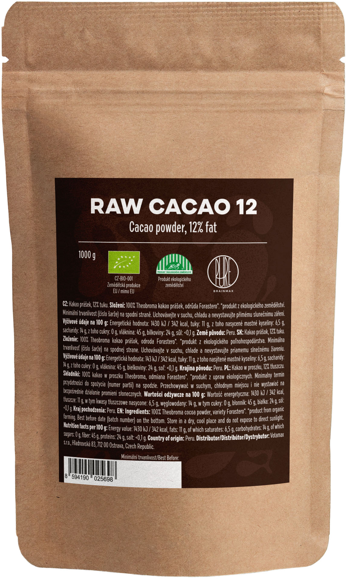 BrainMax Pure Raw Cacao 12, BIO, 1kg Obrázek