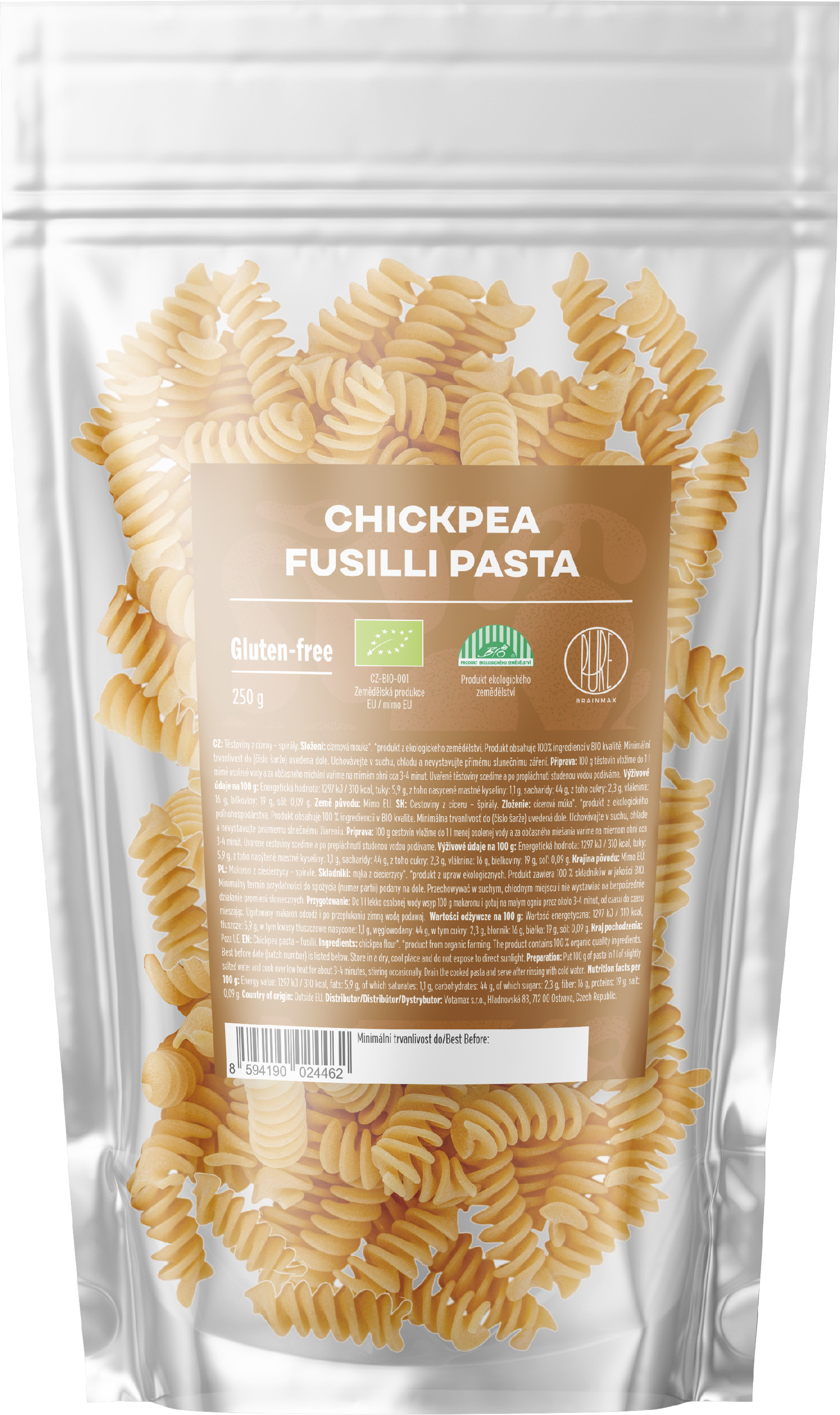 BrainMax Pure Těstoviny z cizrny, spirály, BIO, 250 g Obrázek