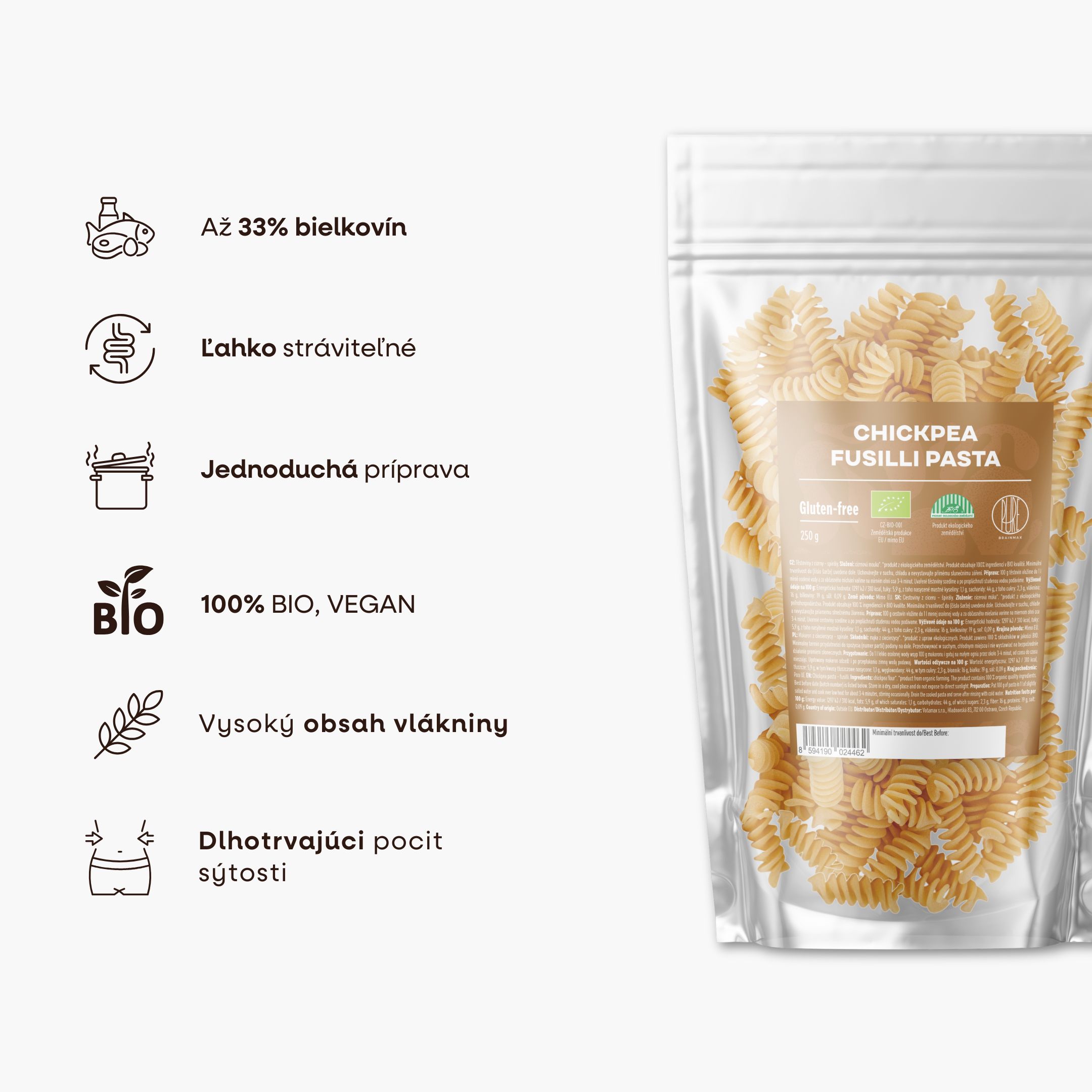 BrainMax Pure Těstoviny z cizrny, spirály, BIO, 250 g Obrázek