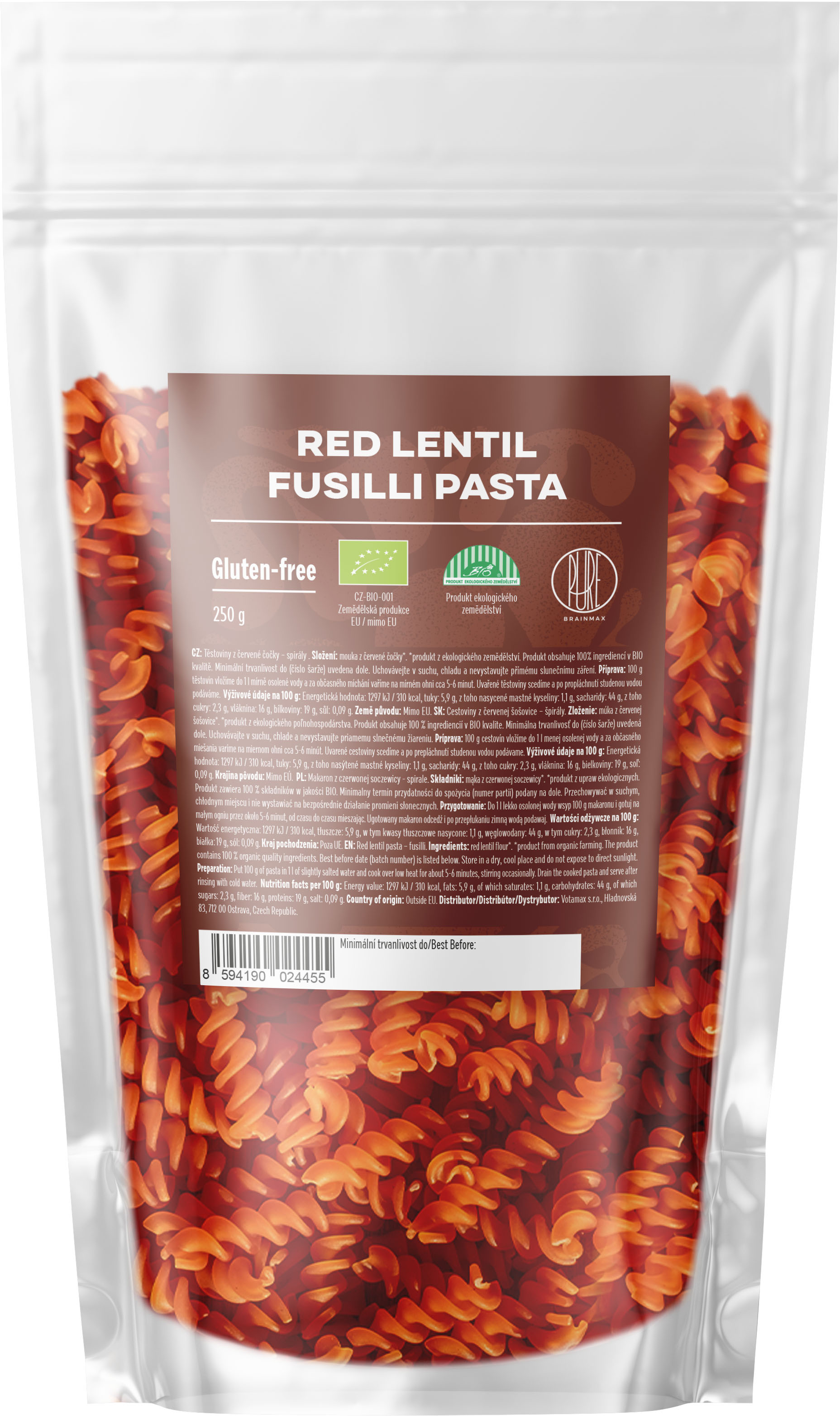 BrainMax Pure Těstoviny z červené čočky, spirály, BIO, 250 g Obrázek