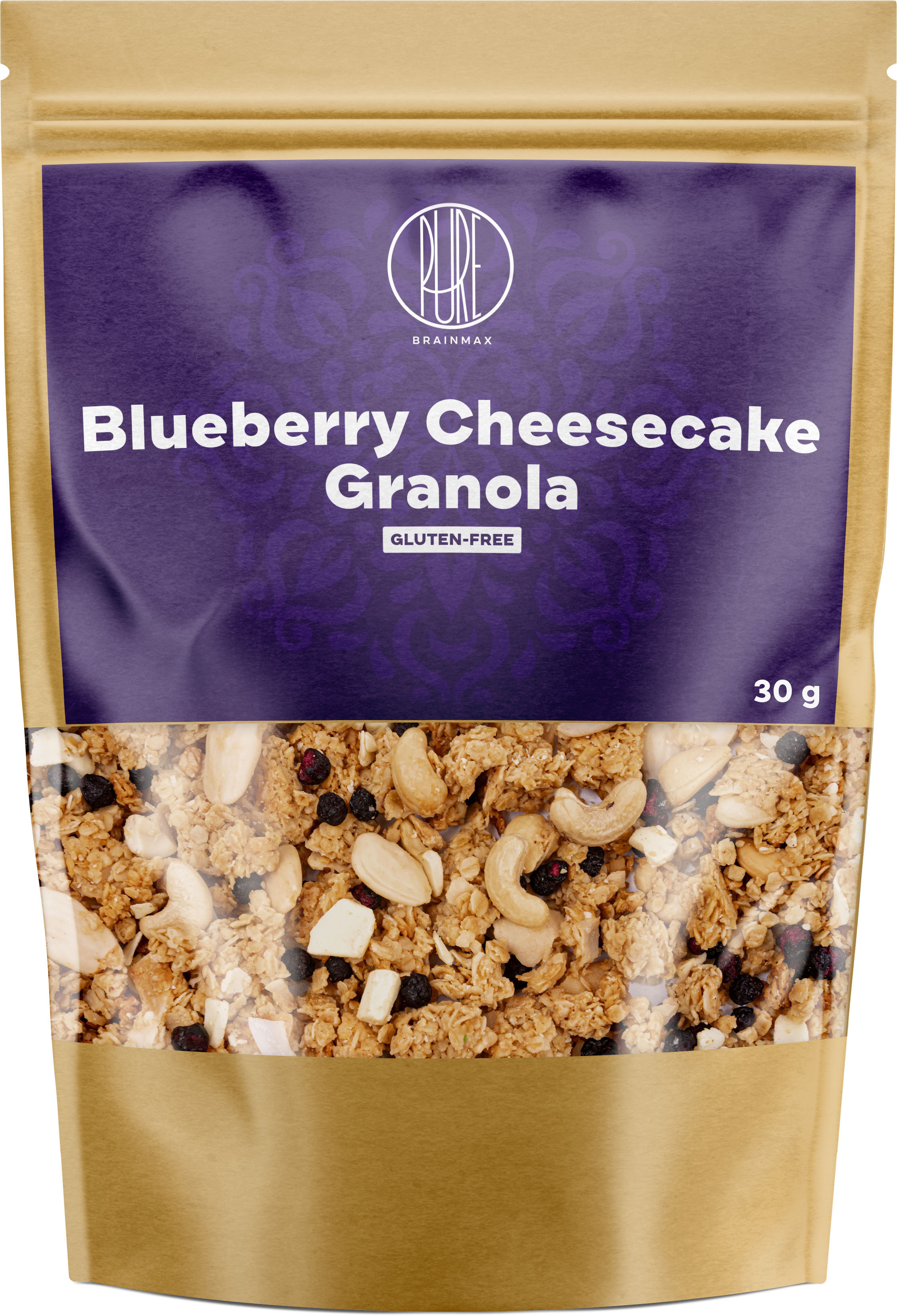 BrainMax Pure Blueberry Cheesecake Granola, Borůvky a Bílá čokoláda, BIO, 30 g Obrázek