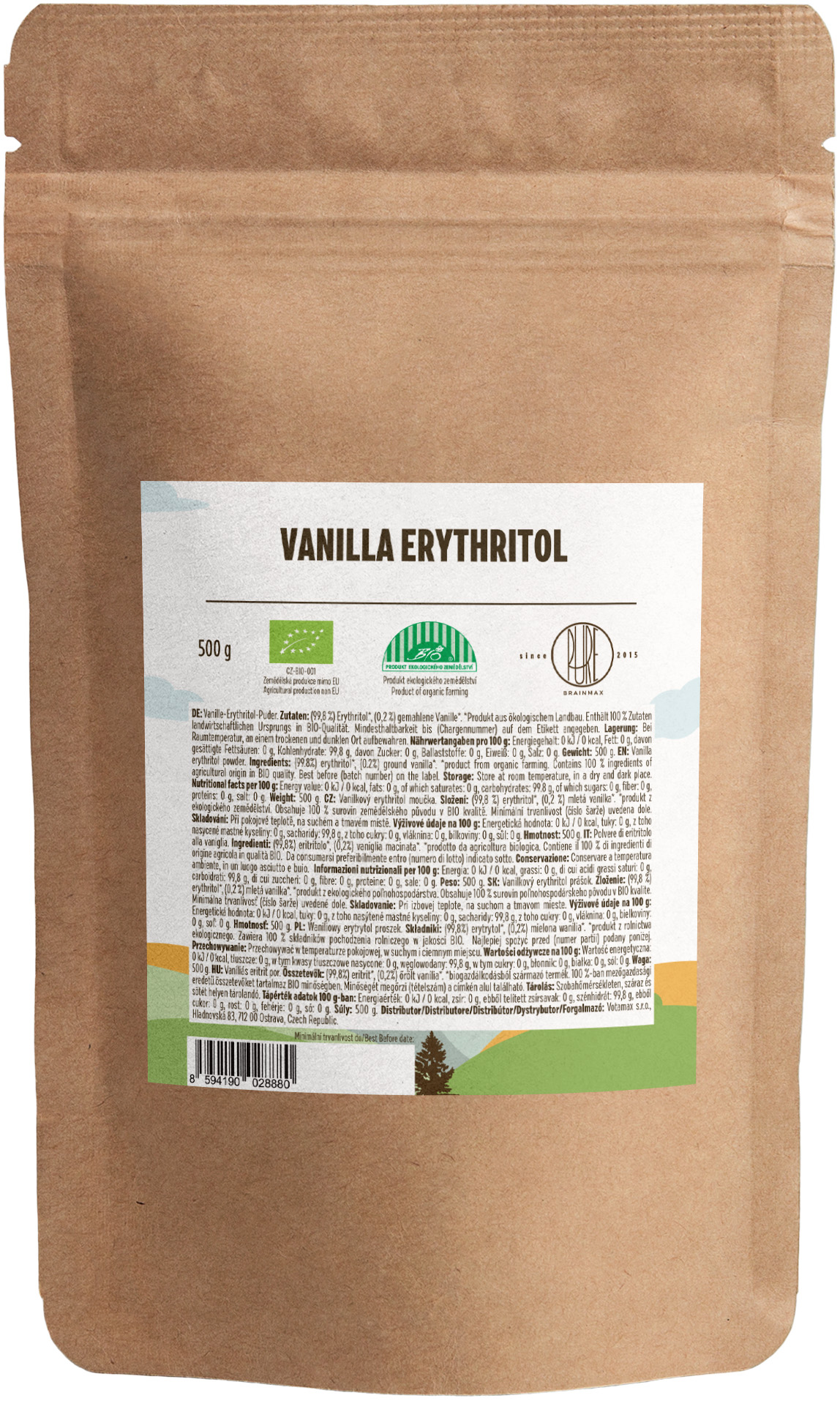 BrainMax Pure Erythritol Vanilka, moučka, BIO, 500 g Obrázek