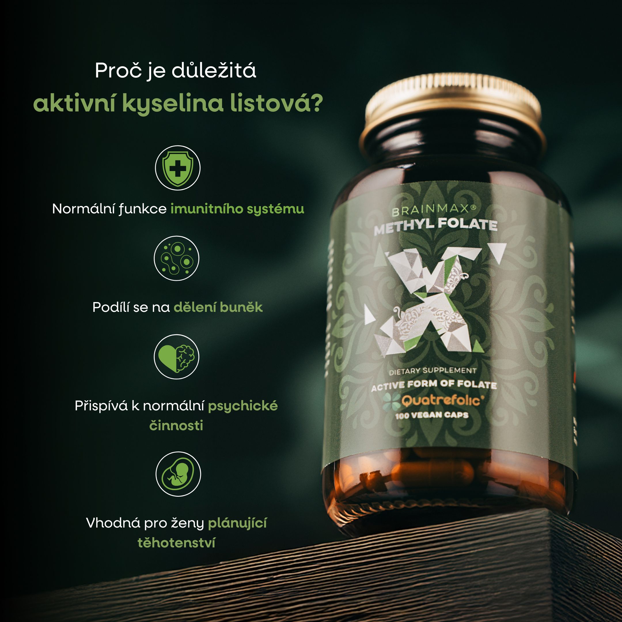 BrainMax Methyl Folate, Kyselina listová v aktivní formě, 400 mcg, 100 rostlinných kapslí Obrázek