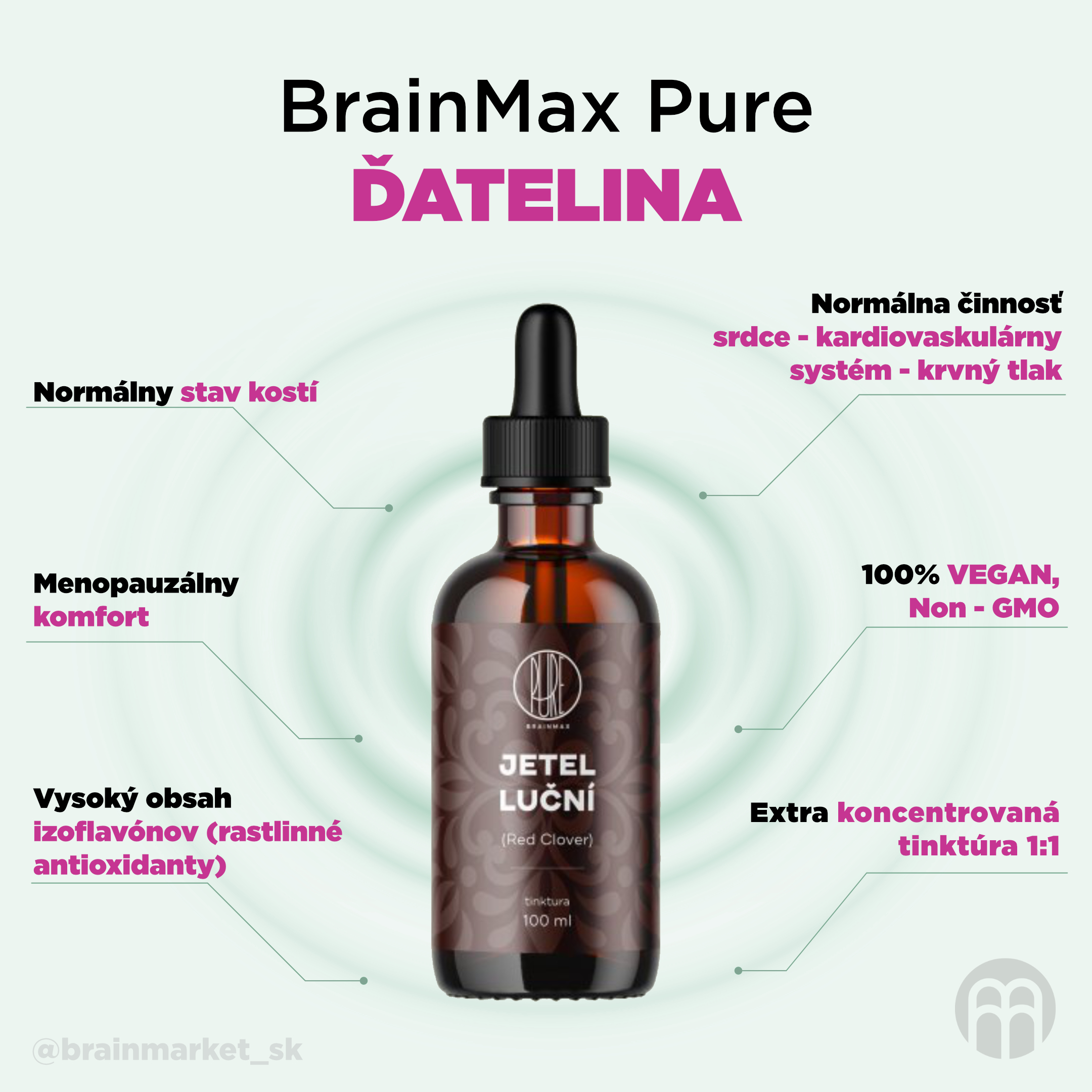 BrainMax Pure Jetel luční (Red Clover) tinktura 1:1, 100 ml Obrázek