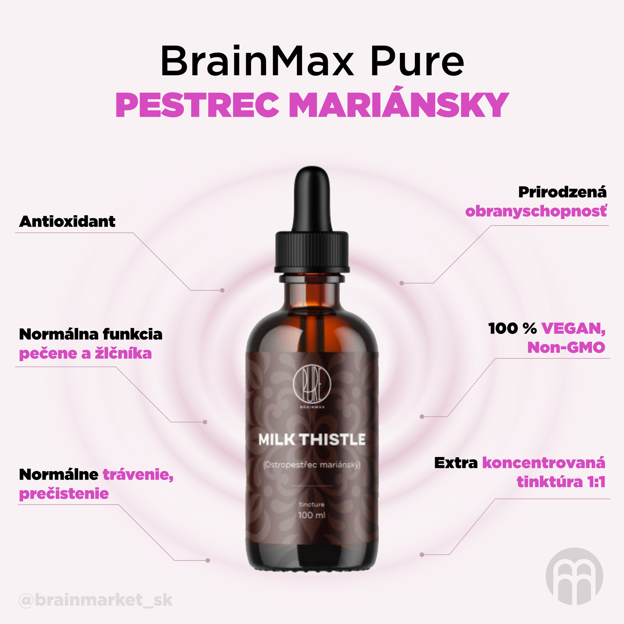 BrainMax Pure Ostropestřec mariánský (Milk Thistle) tinktura 1:1, 100 ml Obrázek