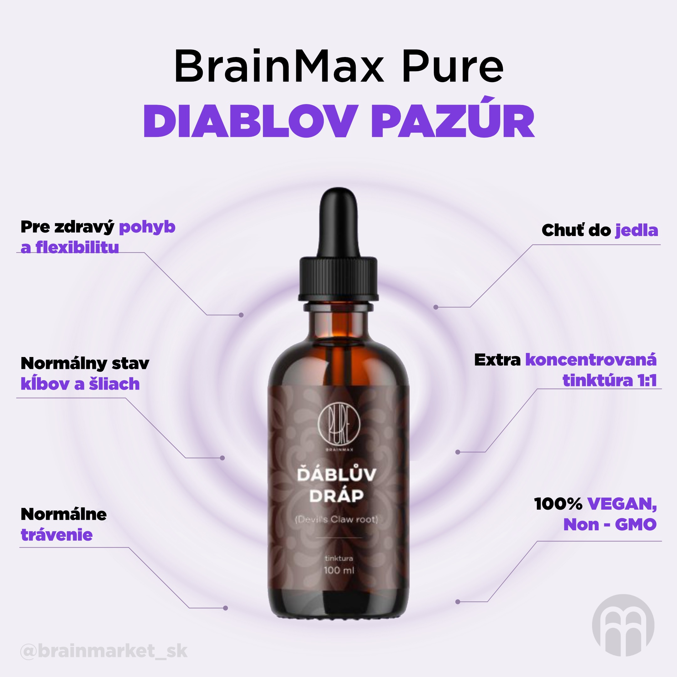 BrainMax Pure Ďáblův dráp (Devil's Claw root) tinktura 1:1, 100 ml Obrázek